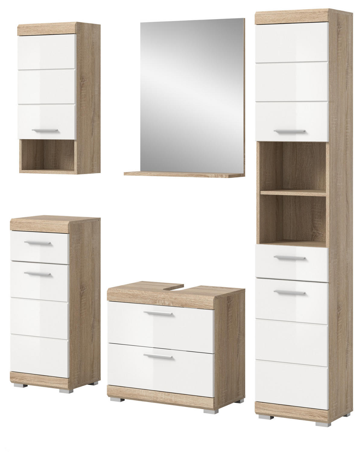 BADMÖBEL-SET weiß Hochglanz, Eiche 5-teilig 164 cm, Komplettset mit viel Stauraum - Weiß Hochglanz/Eichefarben, Holzwerkstoff (164/191/37cm) - Inn.Furn