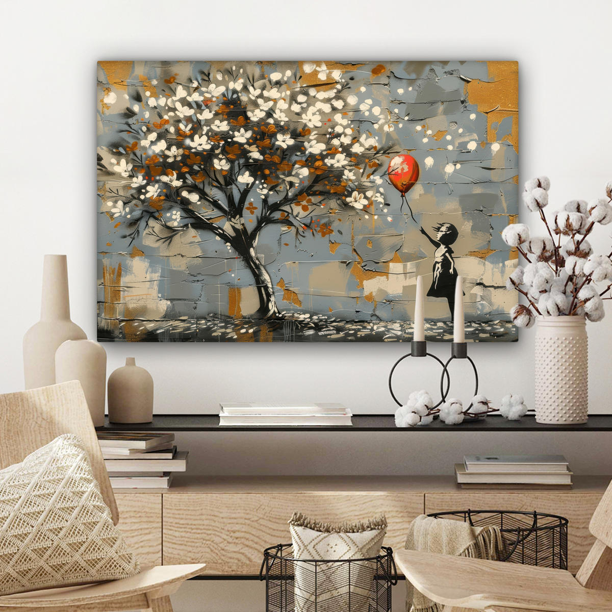 LEINWANDBILD Baum - Graffiti - Banksy-Stil - Ballon-Mädchen Wanddeko 90x60 cm - Blaugrau, Textil (90/60cm) - MuchoWow