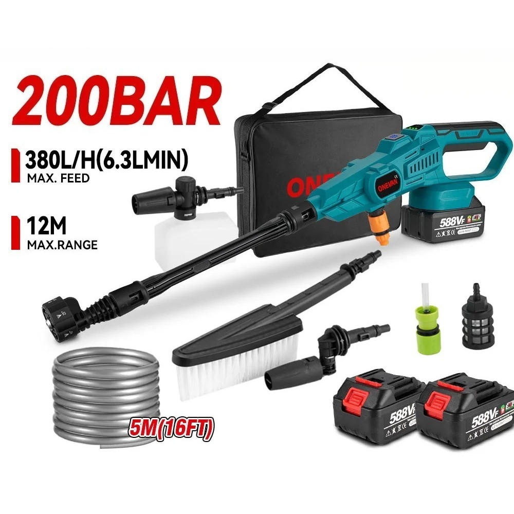 HOCHDRUCKREINIGER 200Bar, Schwarz, Bürstenlos für Gartenbewässerung und Autoreinigung mit 2 Batterien - Schwarz, Metall (41.5/23cm) - Coonoor