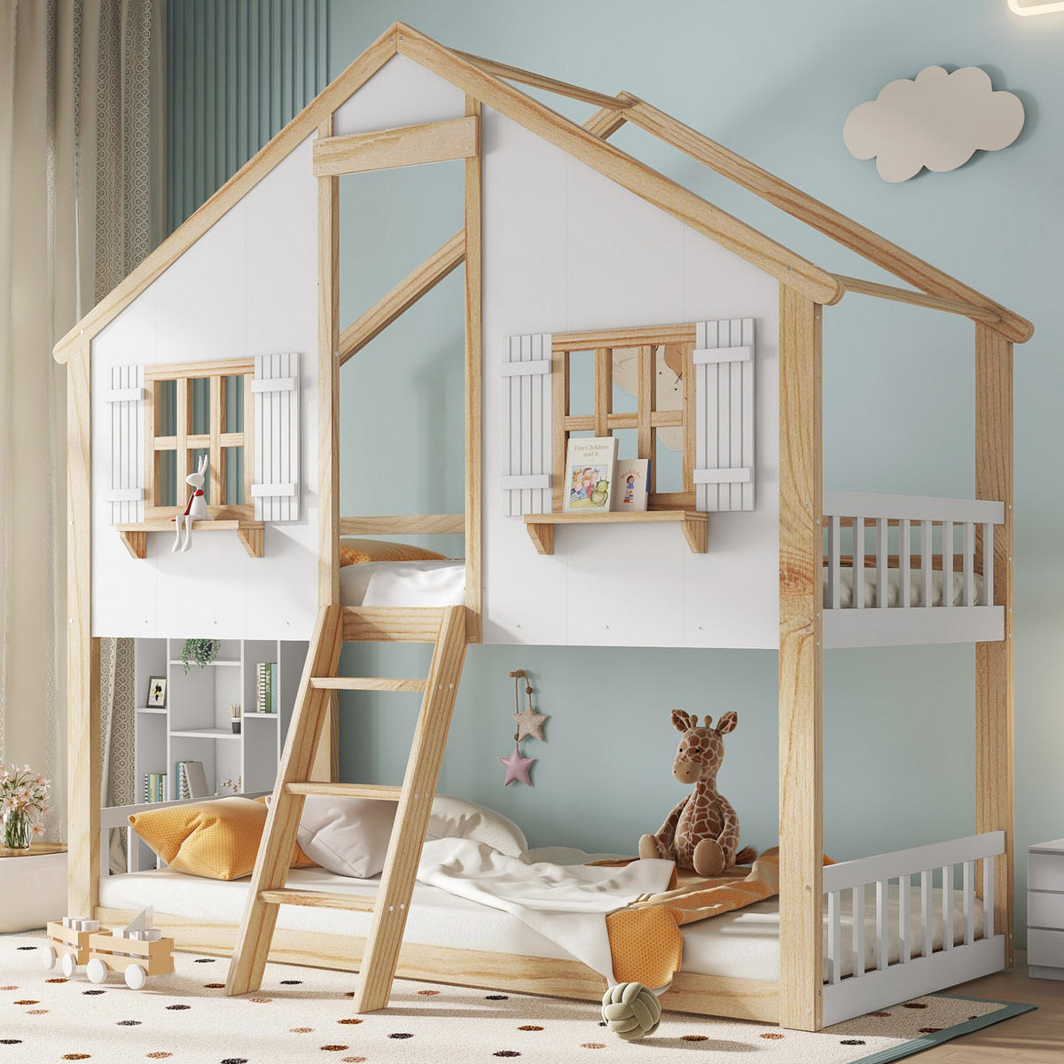 HAUSBETT 90/200 cm Weiß/Natur mit Dach, Fenstern und Sicherheitsgeländer - Weiß, Holzwerkstoff (90/200cm) - Flora Grace
