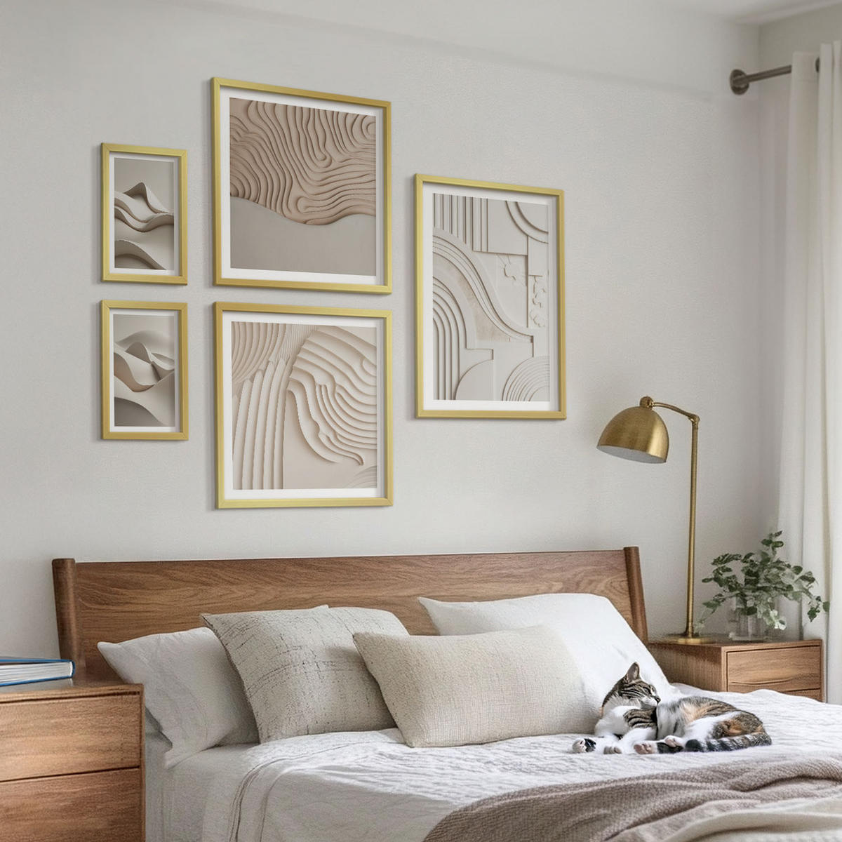 BILDER SET 5er Set - 50x50 cm & 20x30 cm & 40x60 cm Goldrahmen - Abstrakte beige Wellen - Goldfarben, Kunststoff (40/60cm) - TULUP