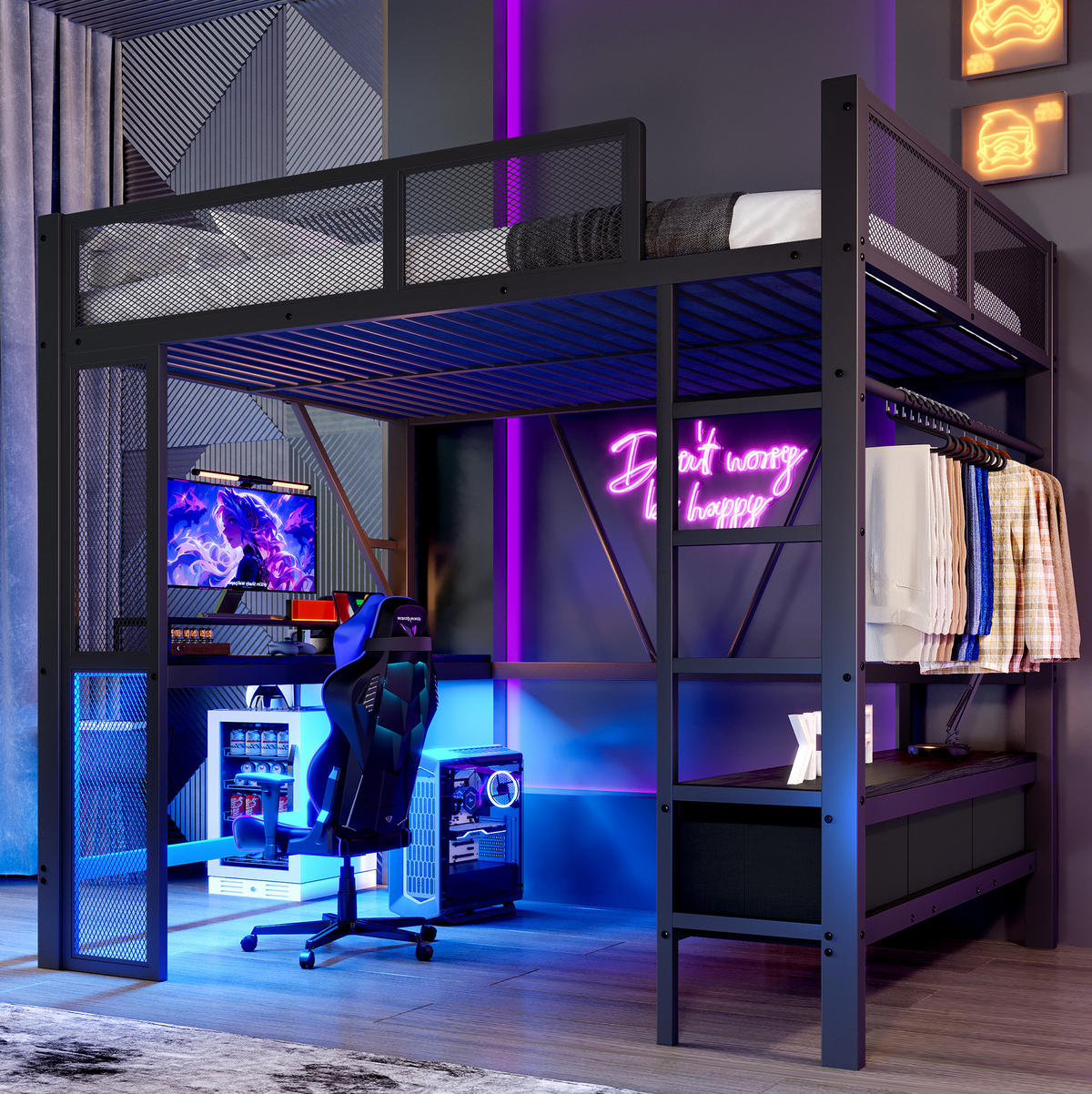 HOCHBETT 140/200 cm mit LED, USB, Schreibtisch und Schubladen - Schwarz, Metall (140/200cm) - MIVRAY