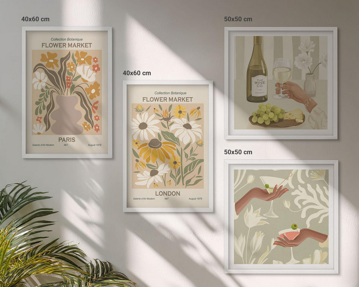 BILDER SET 4er Set - 50x50 cm & 40x60 cm Weißer Rahmen - Blumenmuster aus europäischen Städten - Weiß, Kunststoff (50/50cm) - TULUP