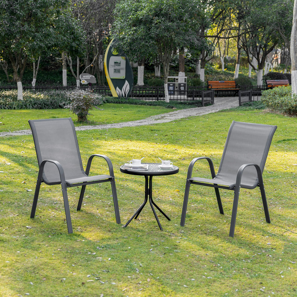 GARTENSTUHL, Essstühle, 2er-Set, mit Armlehne, Metall, Textil-Gewebe, Grau - Grau, Textil/Metall (54/90/70cm) - Outsunny