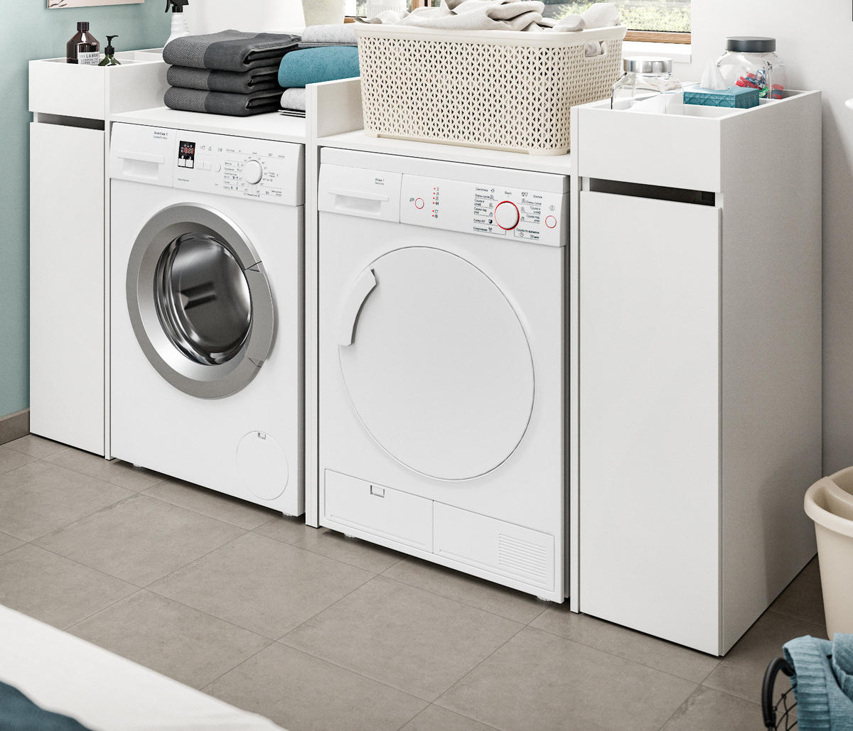 WASCHMASCHINENUMBAU weiß Set 4-teilig, Überbauschränke und Anstellregale - Schwarz/Weiß, Holzwerkstoff/Kunststoff (190/101/60cm) - Inn.Furn