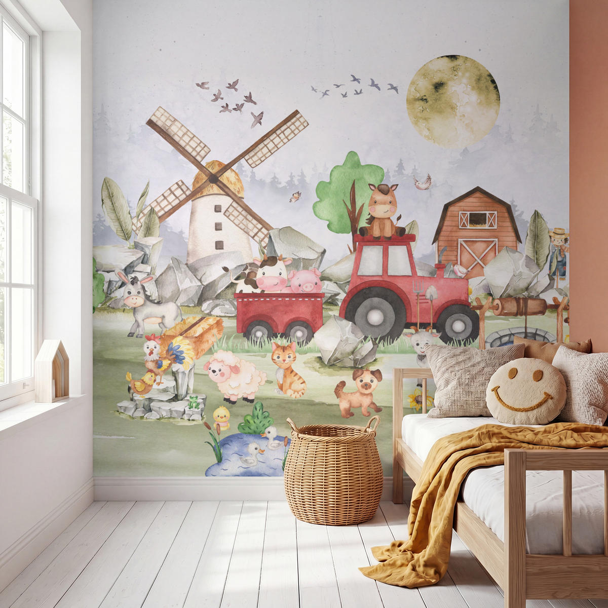 KINDERTAPETE - Bauernhof - Traktor - Kinder - Tiere - 260x240 cm - Weiß, Papier (260/240cm) - OnlyWow