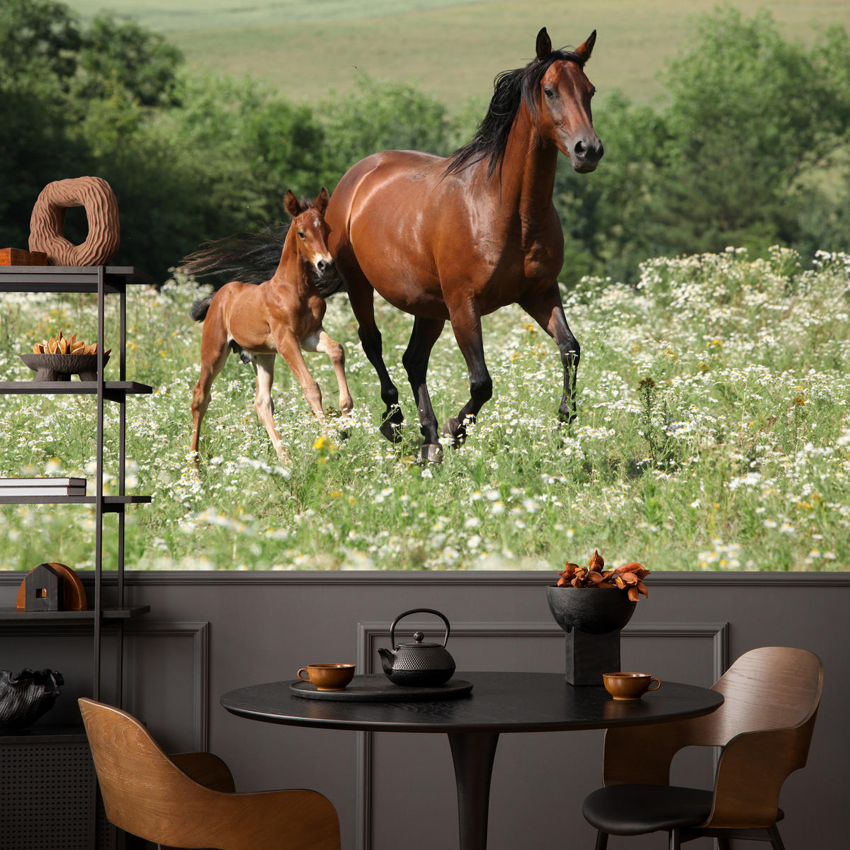 FOTOTAPETE Pferde Lichtung Pflanzen Natur 200x140 - Beige/Schwarz, Papier (200/140cm) - Muralo