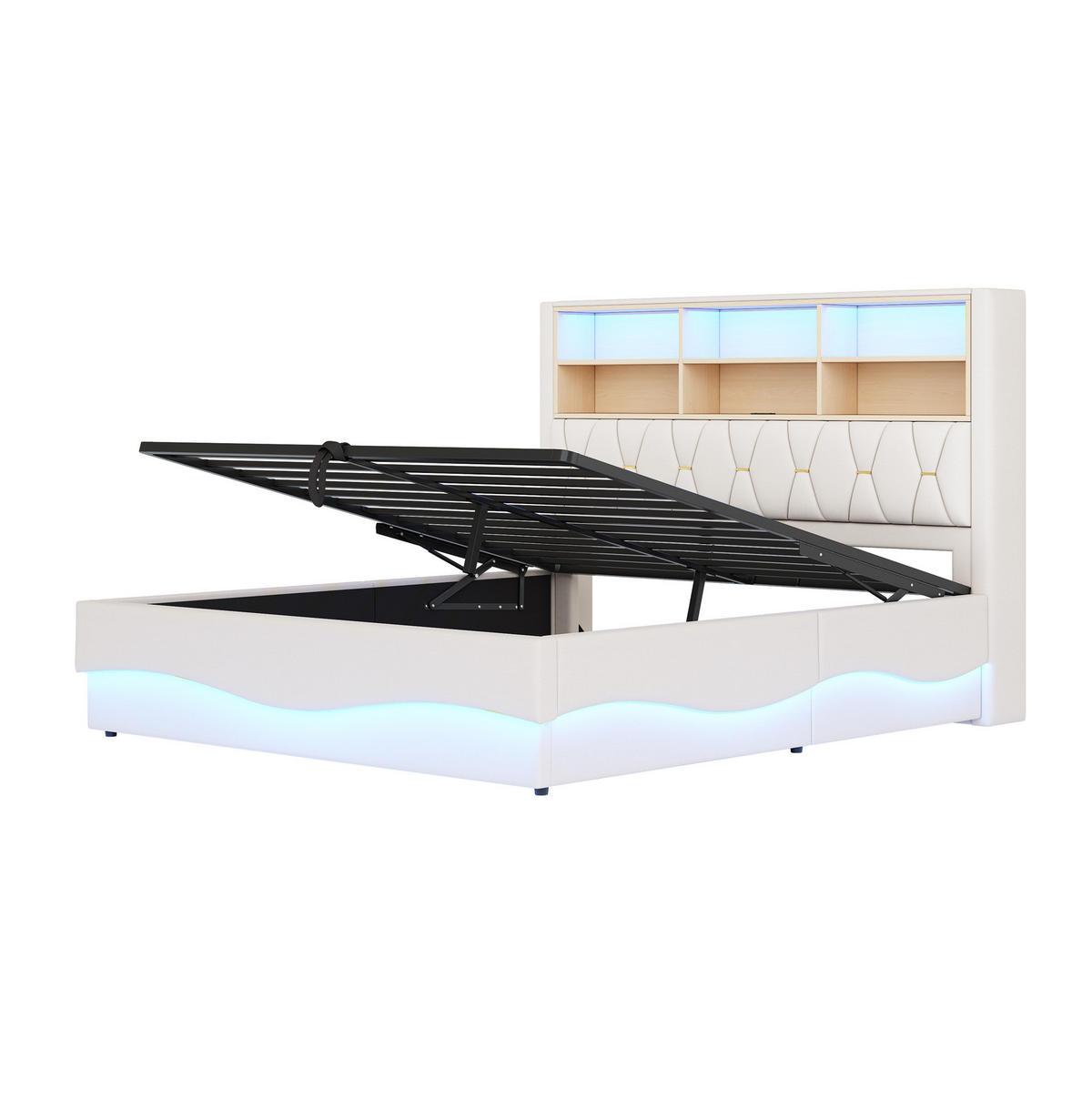 POLSTERBETT 180/200 cm mit LED-Beleuchtung, USB-Anschluss und hydraulischem Bettkasten, Leinen, Beige - Beige, Metall (180/200cm) - Redom