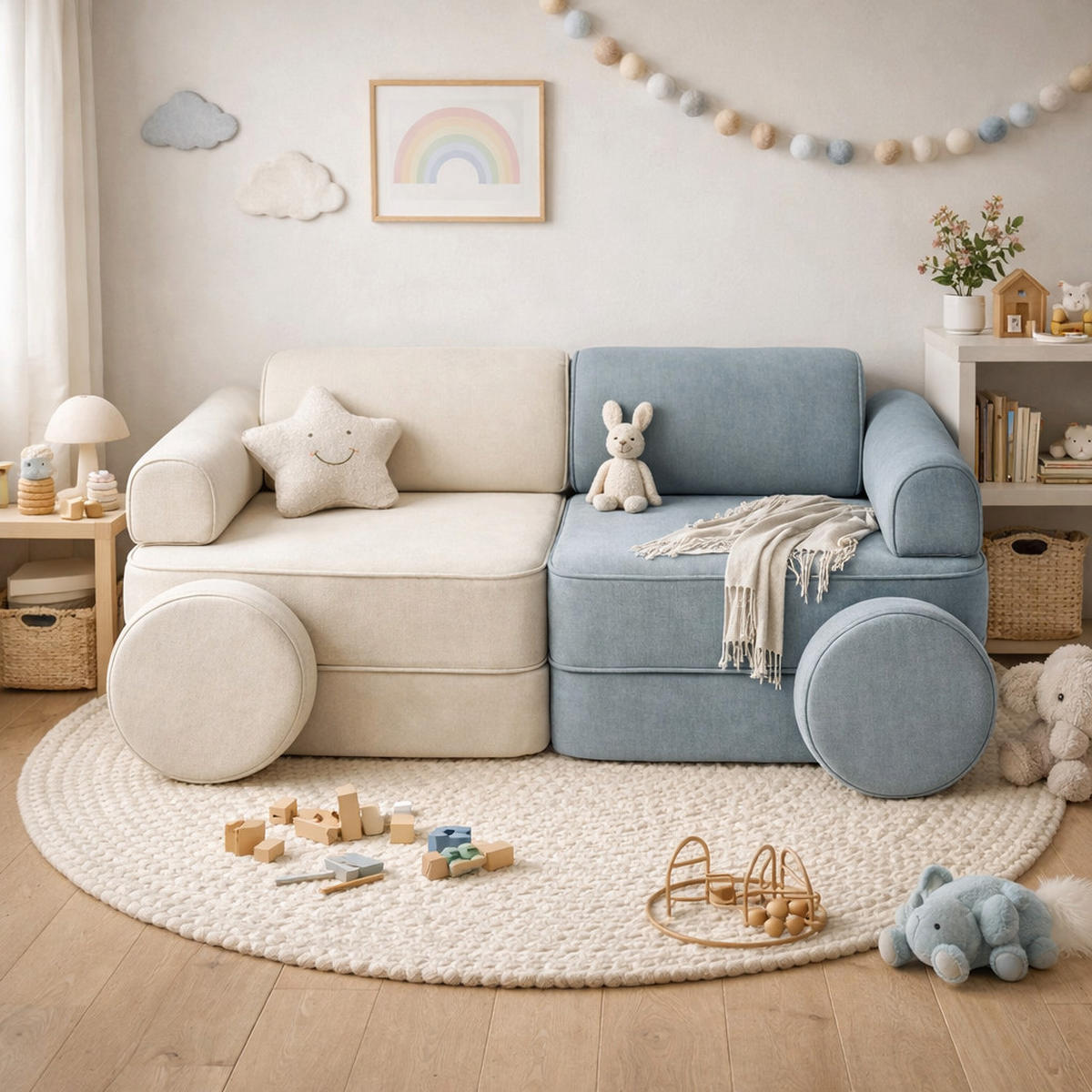 MODULARES Kindersofa 8 Elemente zweifarbig - Blau/Beige, Textil (120/50/60cm) - Bees & Blooms