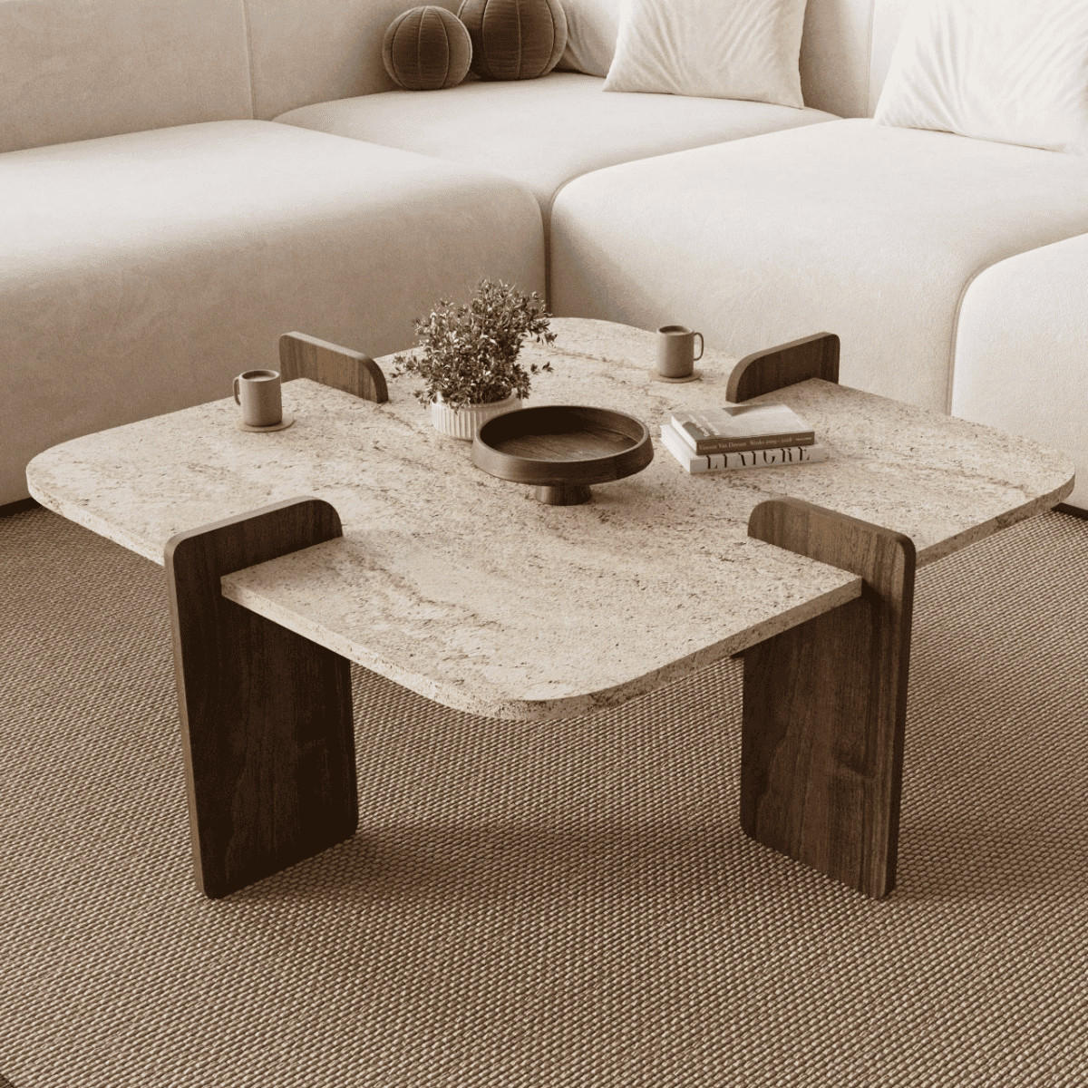 COUCHTISCH mit asymmetrischen Beinen 90/90/35 cm - Beige, Holzwerkstoff (90/90/35cm) - Calicosy