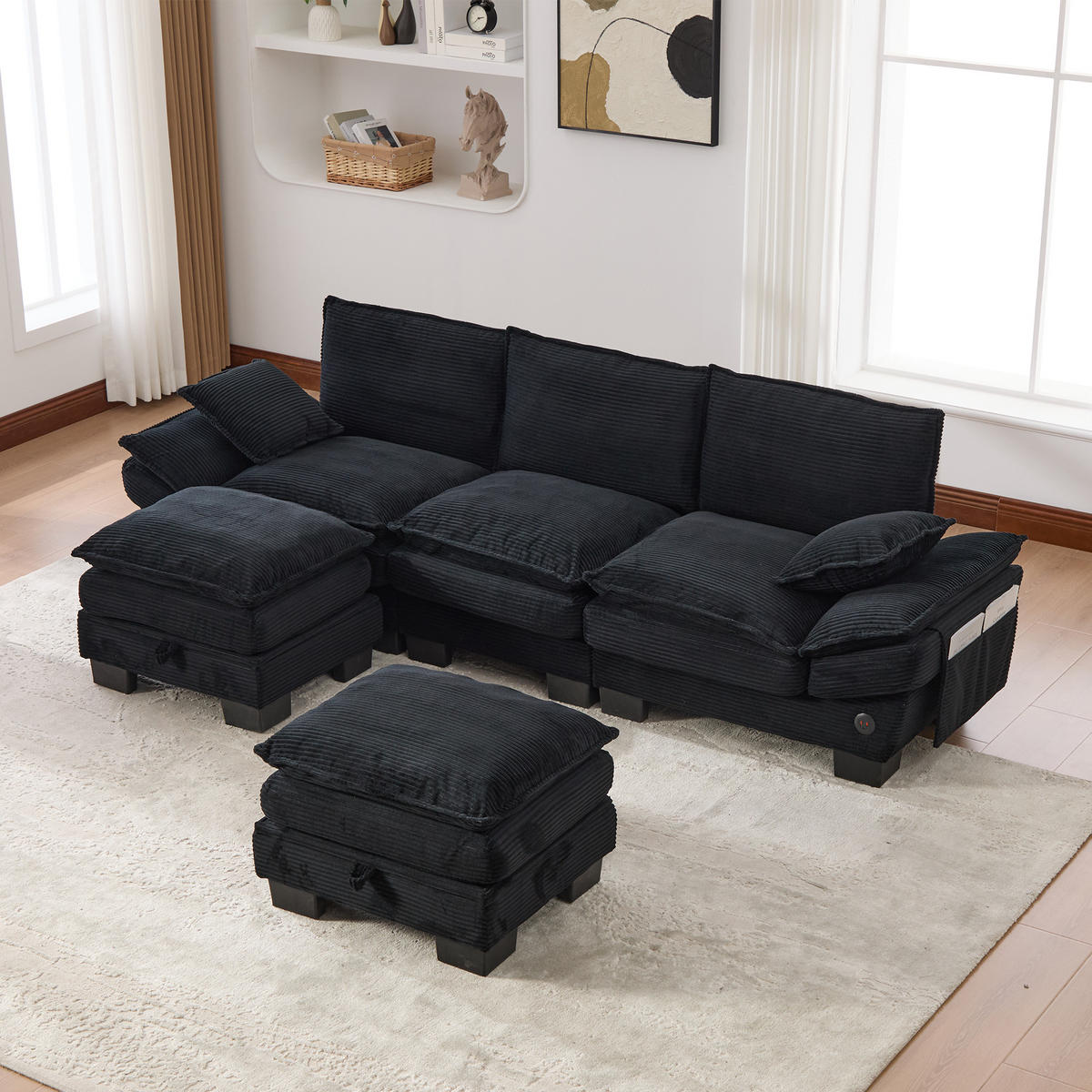 WOHNLANDSCHAFT Cord Schwarz mit USB-C, Seitentaschen und mit 2 Hocker - Schwarz, Holzwerkstoff/Kunststoff (260/84/132cm) - WISHDOR