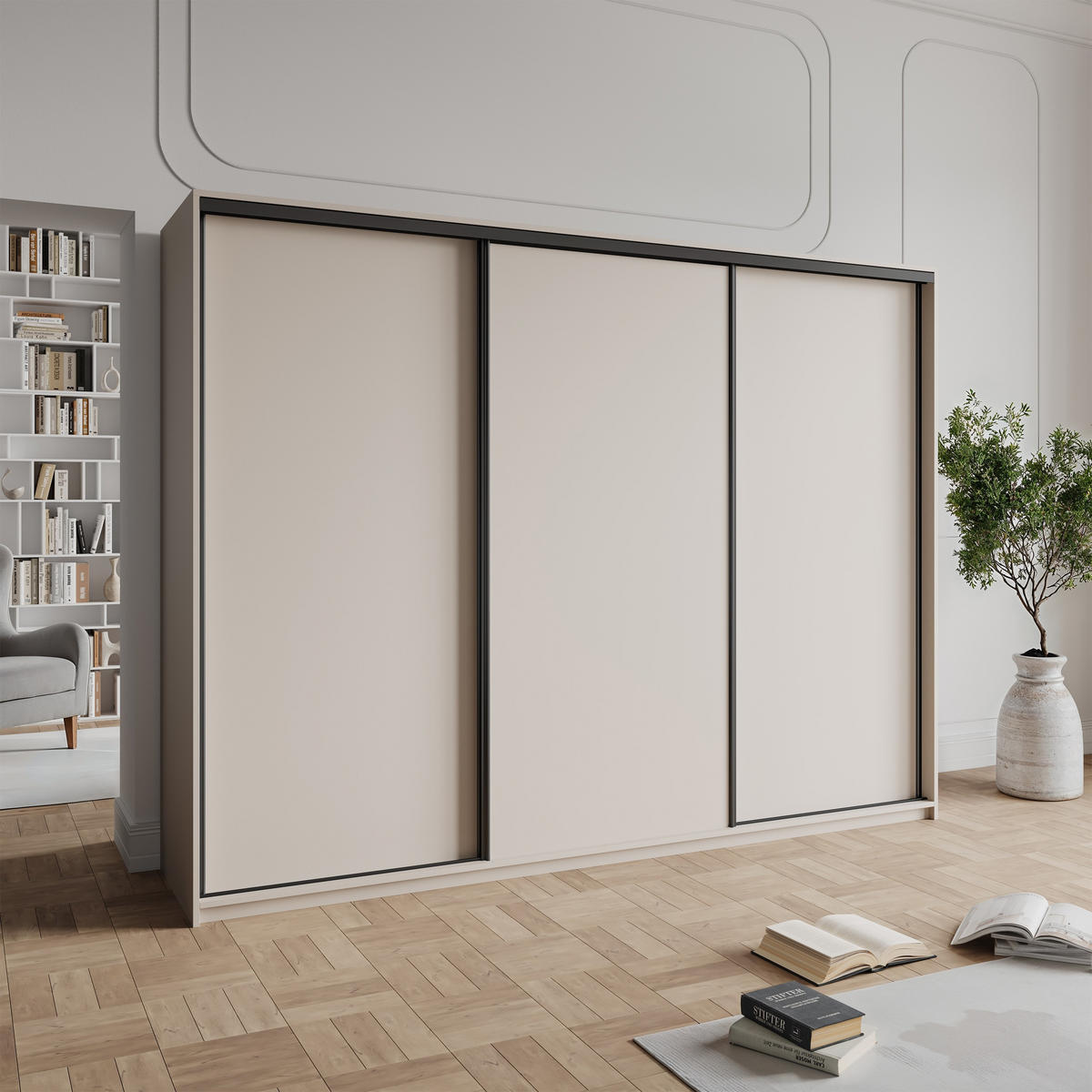 SCHWEBETÜRENSCHRANK NISSE 250/205/60 cm 3-türig mit Schubladen Kaschmir - Kaschmir/Schwarz, Holzwerkstoff (250/205/60cm) - MASSENO