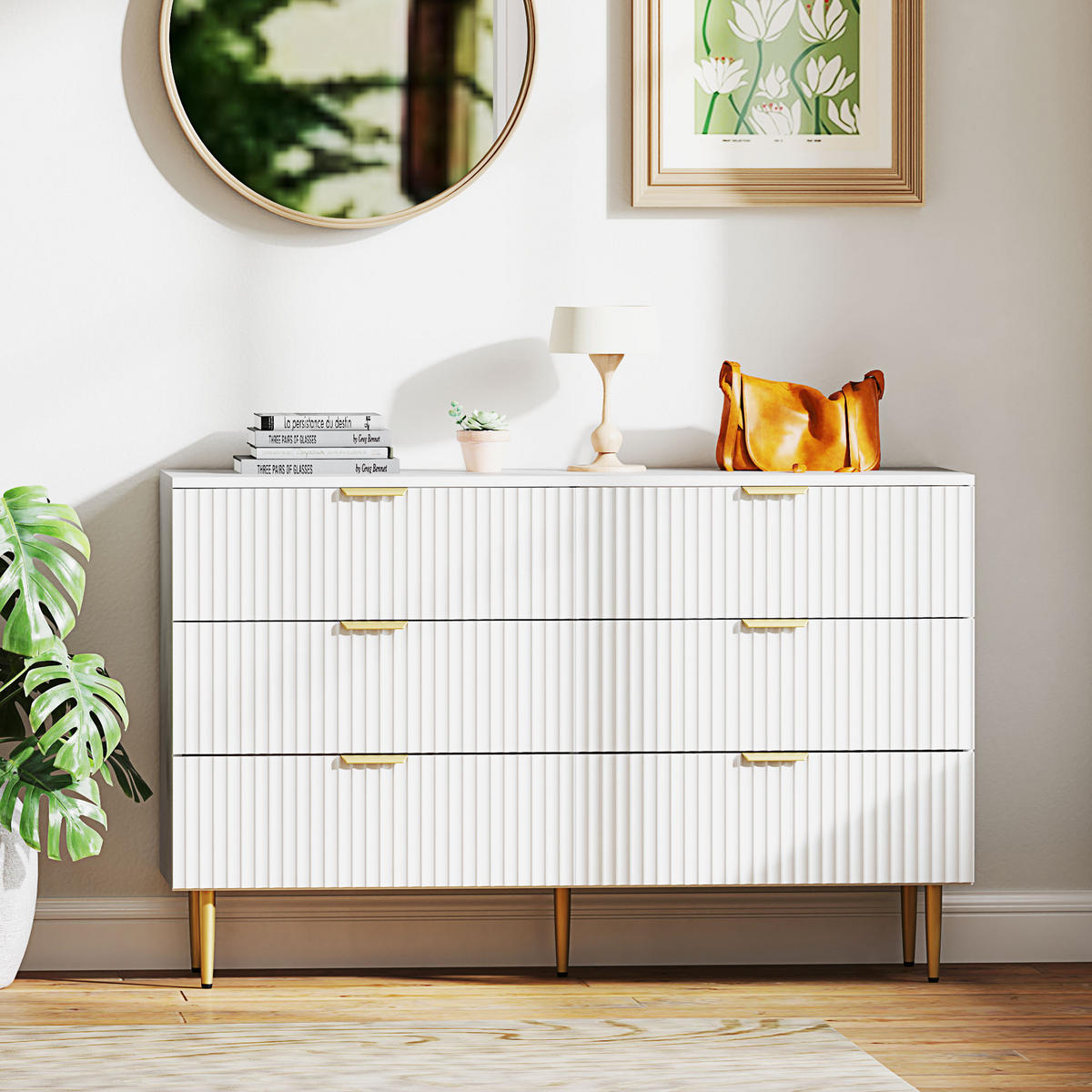 KOMOODE DE-12857 6 Schubladen, goldene Griffe und Füße Weiß - Weiß, Holzwerkstoff (120/76.5/40cm) - ComfortXL