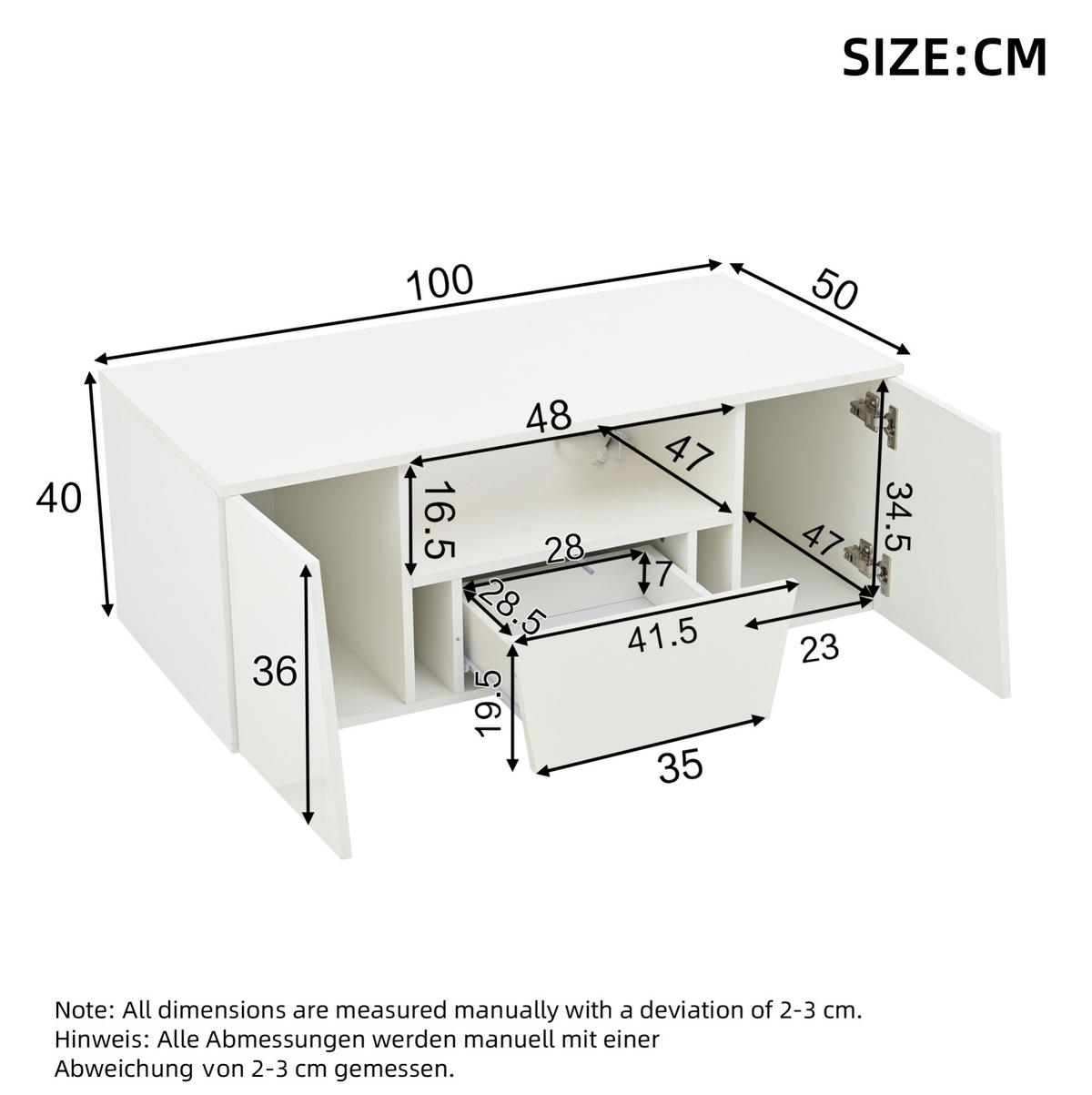 COUCHTISCH 100/50/40 cm mit LED-Beleuchtung, Hochglanz und Stauraum - Weiß, Holzwerkstoff (100/50/40cm) - Flora Grace
