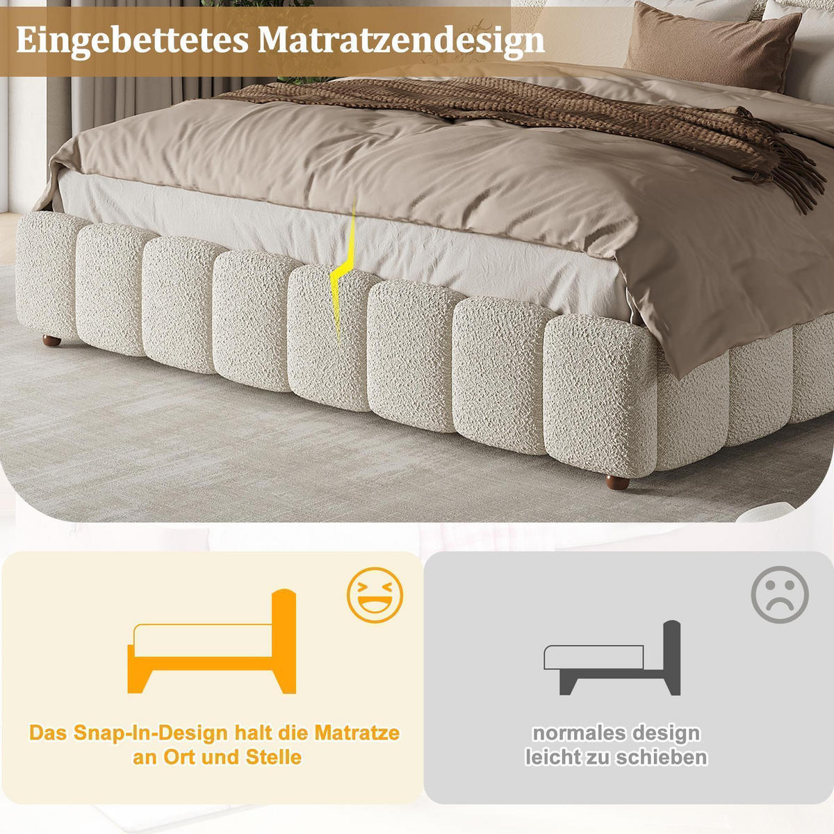 KREVET s presvlakom 180x200 cm, bijela, bouclé tkanina - bijela, tekstil (180/200cm) - KOMHTOM
