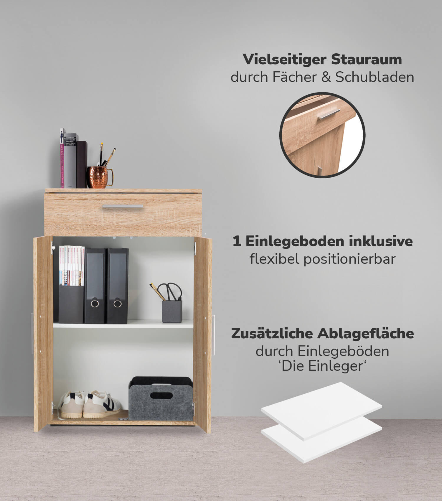 MEHRZWECKSCHRANK Der Praktische - Weiß/Sonoma Eiche, Holzwerkstoff (60/91/34cm) - Mokebo