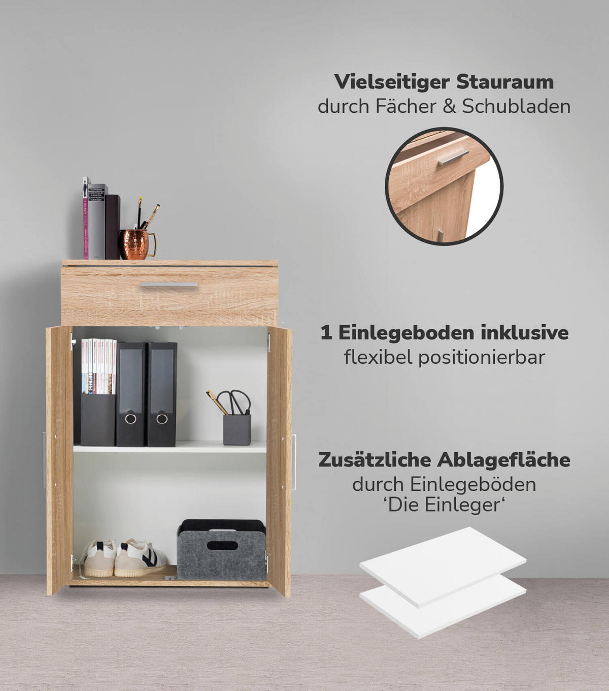 MEHRZWECKSCHRANK Der Praktische - Weiß/Sonoma Eiche, Holzwerkstoff (60/91/34cm) - Mokebo