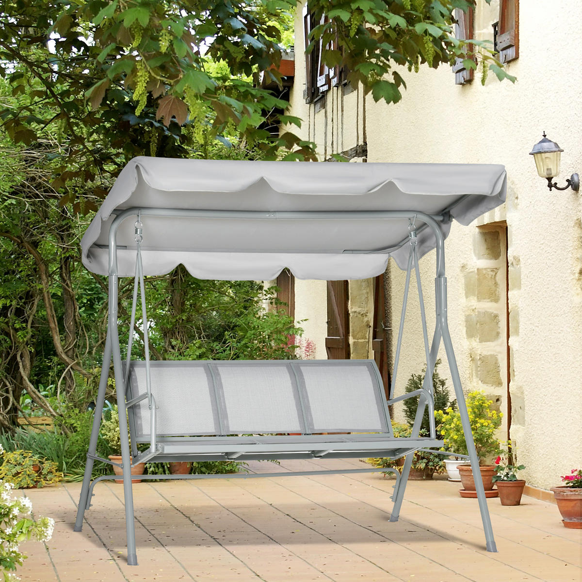 3-SITZER HOLLYWOODSCHAUKEL DE-07009 verstellbares Sonnendach, Grau - Grau, Textil/Metall (171/154/108cm) - ComfortXL