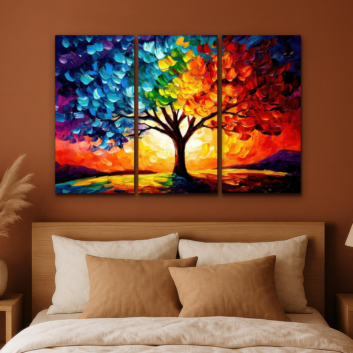 LEINWANDBILD 3er Set Baum - Farbenfroh - Malerei-Look - Abstrakt 150x100 cm - Multicolor, Textil (150/100cm) - MuchoWow