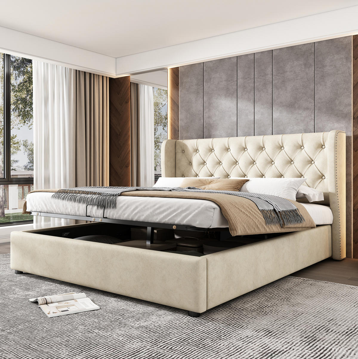POLSTERBETT 160/200 cm aus Samt mit Stauraum und verstellbarem Kopfteil Grau - Grau, Textil (160/200cm) - Modenvie