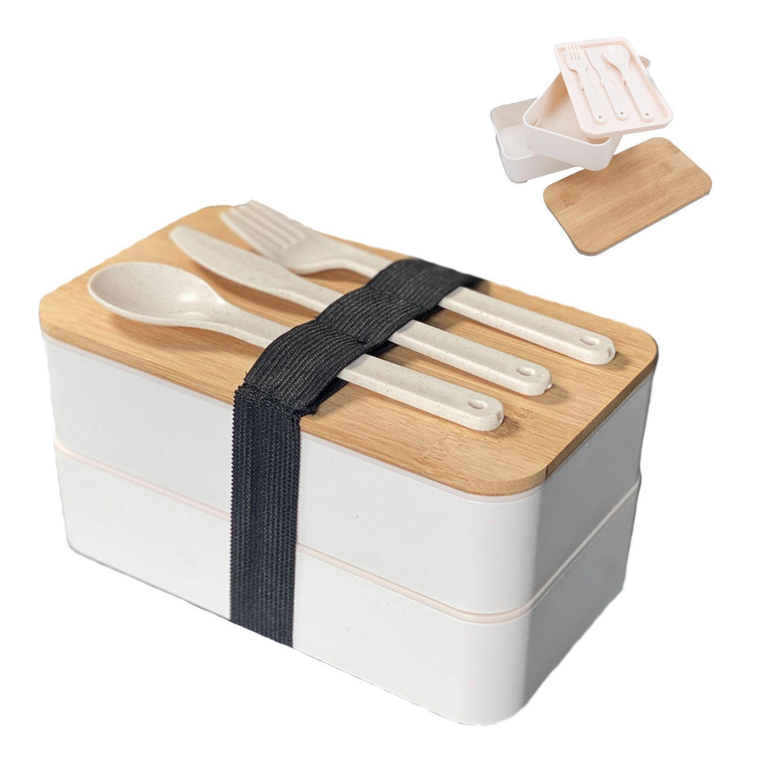 LUNCH BROTBOX mit Messer Gabel Löffel - Weiß, Naturmaterialien (10.5/9.3/18.5cm) - Intirilife