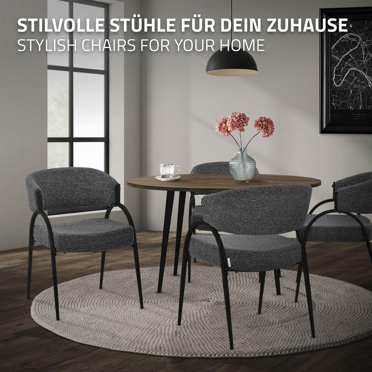 ESSZIMMERSTUHL 2er Set Küchenstühle gepolstert mit Webstoff-Bezug und Arm- und Rückenlehne Anthrazit - Anthrazit/Schwarz, Textil/Metall (54/81/65cm) - ML-DESIGN