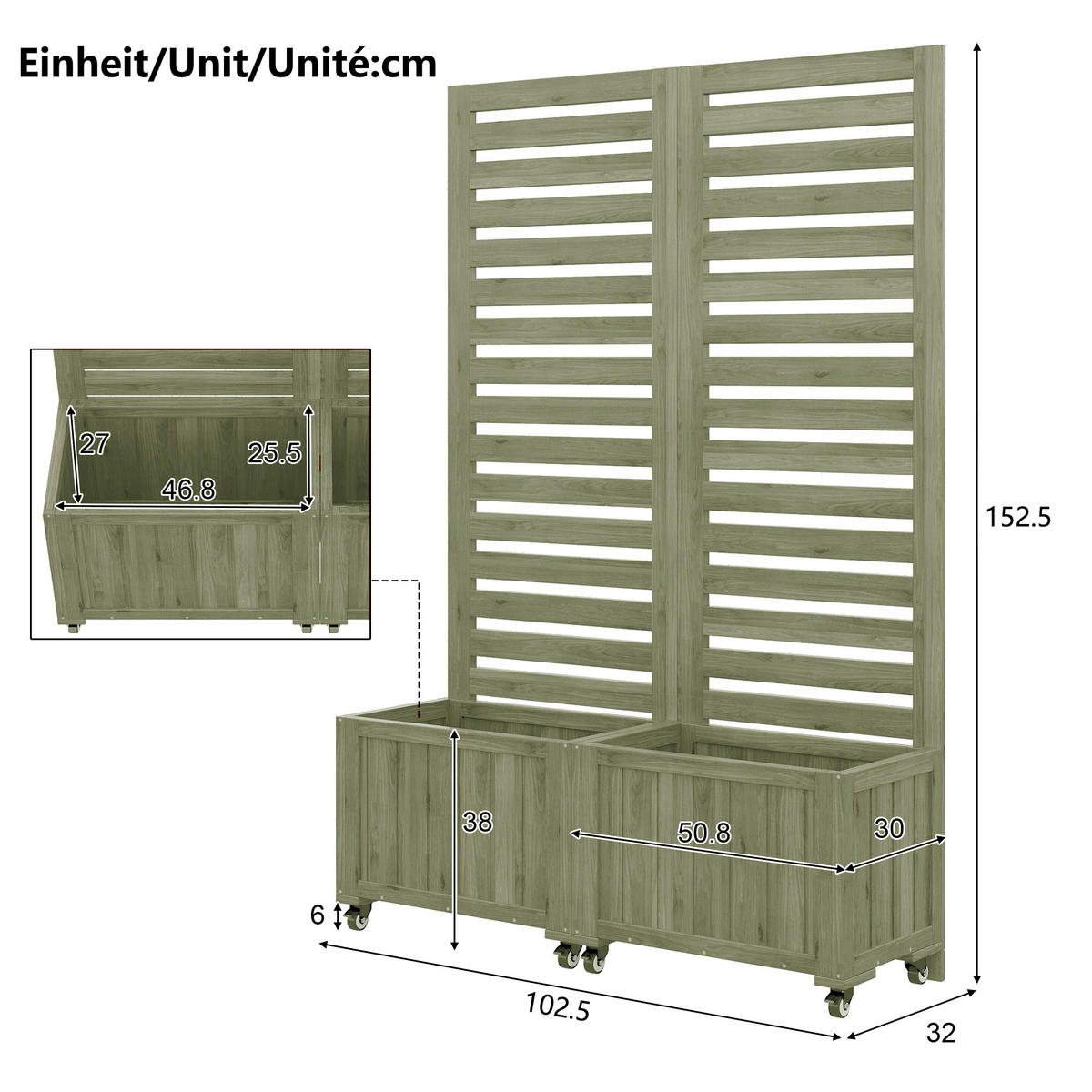 PFLANZKÜBEL Massives Tannenholz Grün mit Spalier - Grün, Holz (32/32/102.5cm) - ComfortXL