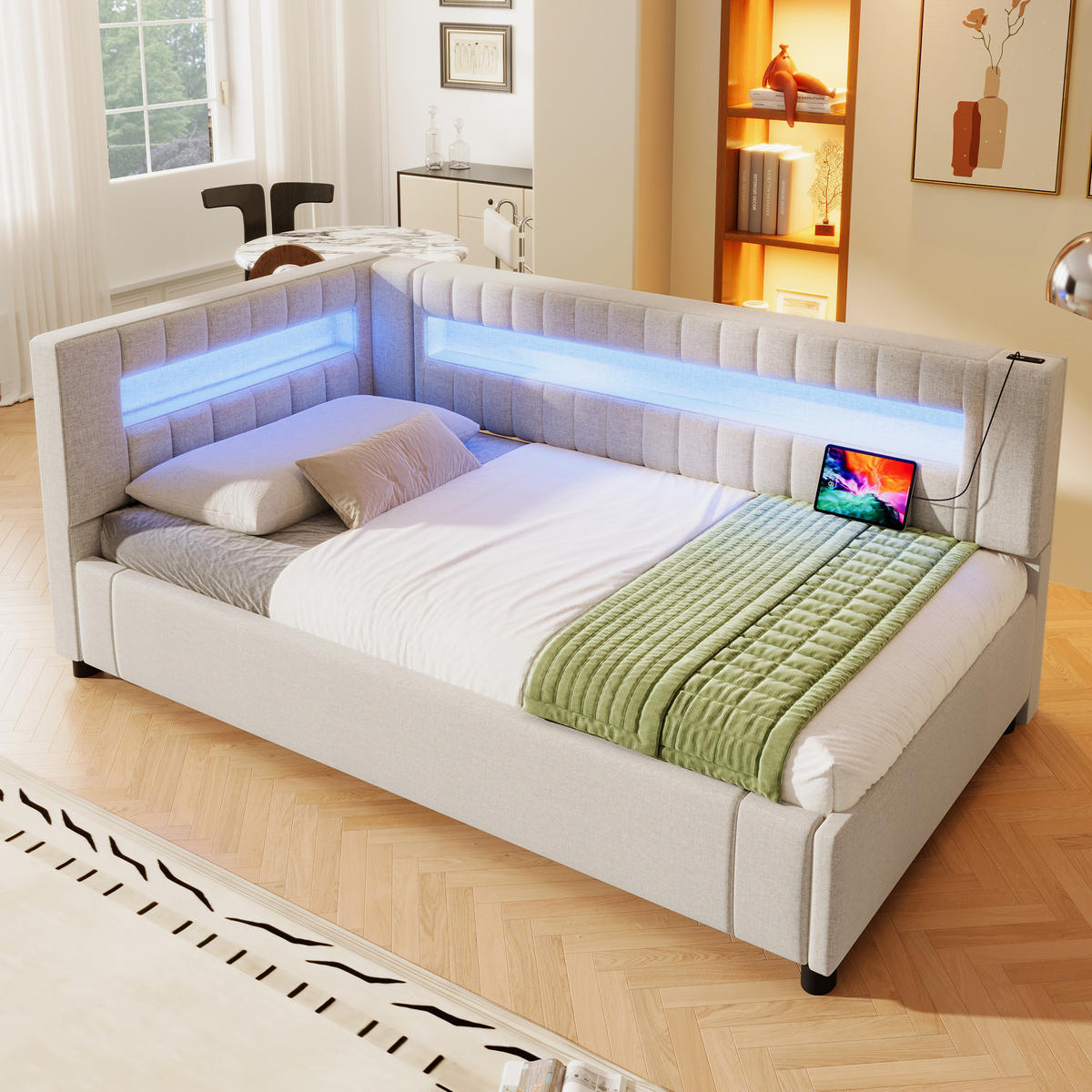 POLSTERBETT aus Leinen 90x200 cm in Beige mit LED & hydraulischem Stauraum - Beige, Textil (90/200cm) - Modfu