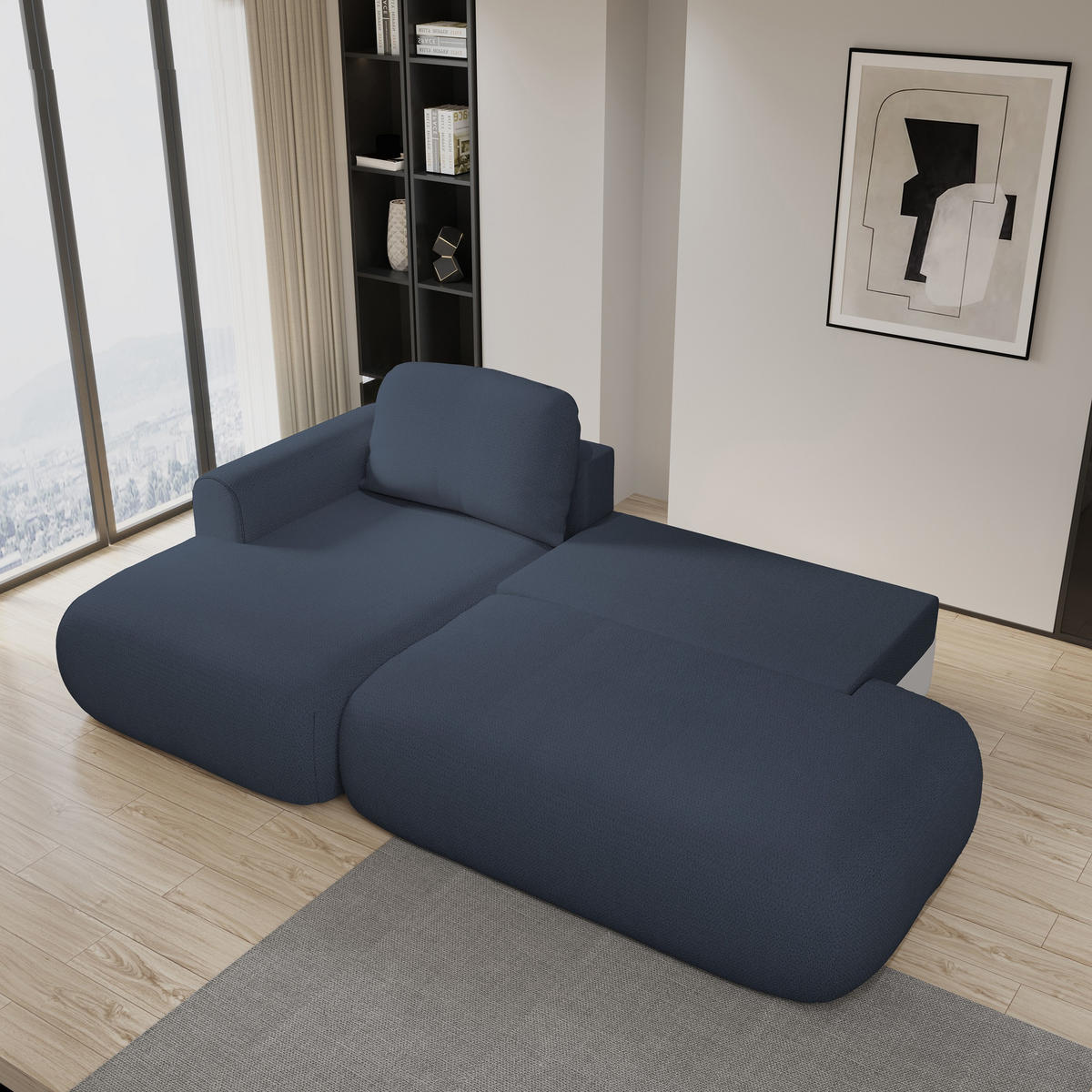 ECKSOFA NUVIRA L-S Blau Geflochtener Stoff mit Schlaffunktion - Blau, Holz (274/165cm) - MASSENO