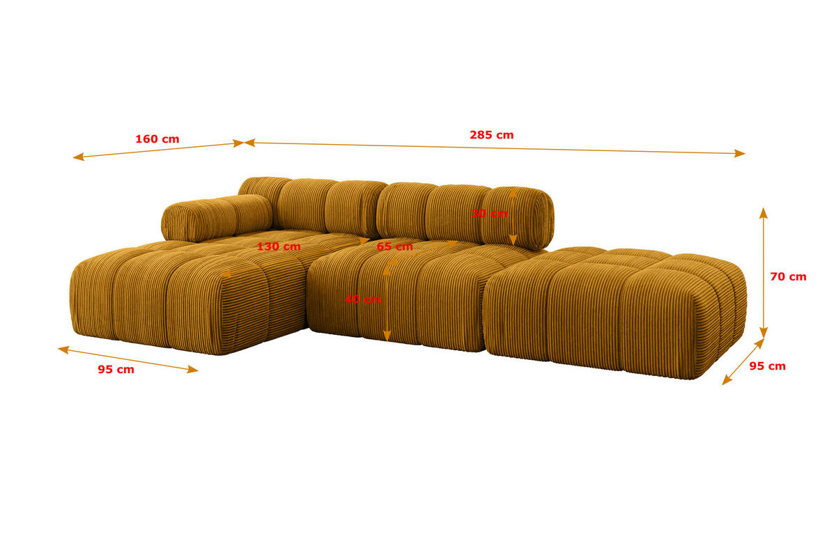 ECKSOFA modulares Sofa Lizur-L1 - 285x160x70 cm Senfgelb Cord - Currygelb, Holzwerkstoff/Textil (285/160cm) - ALTDECOR