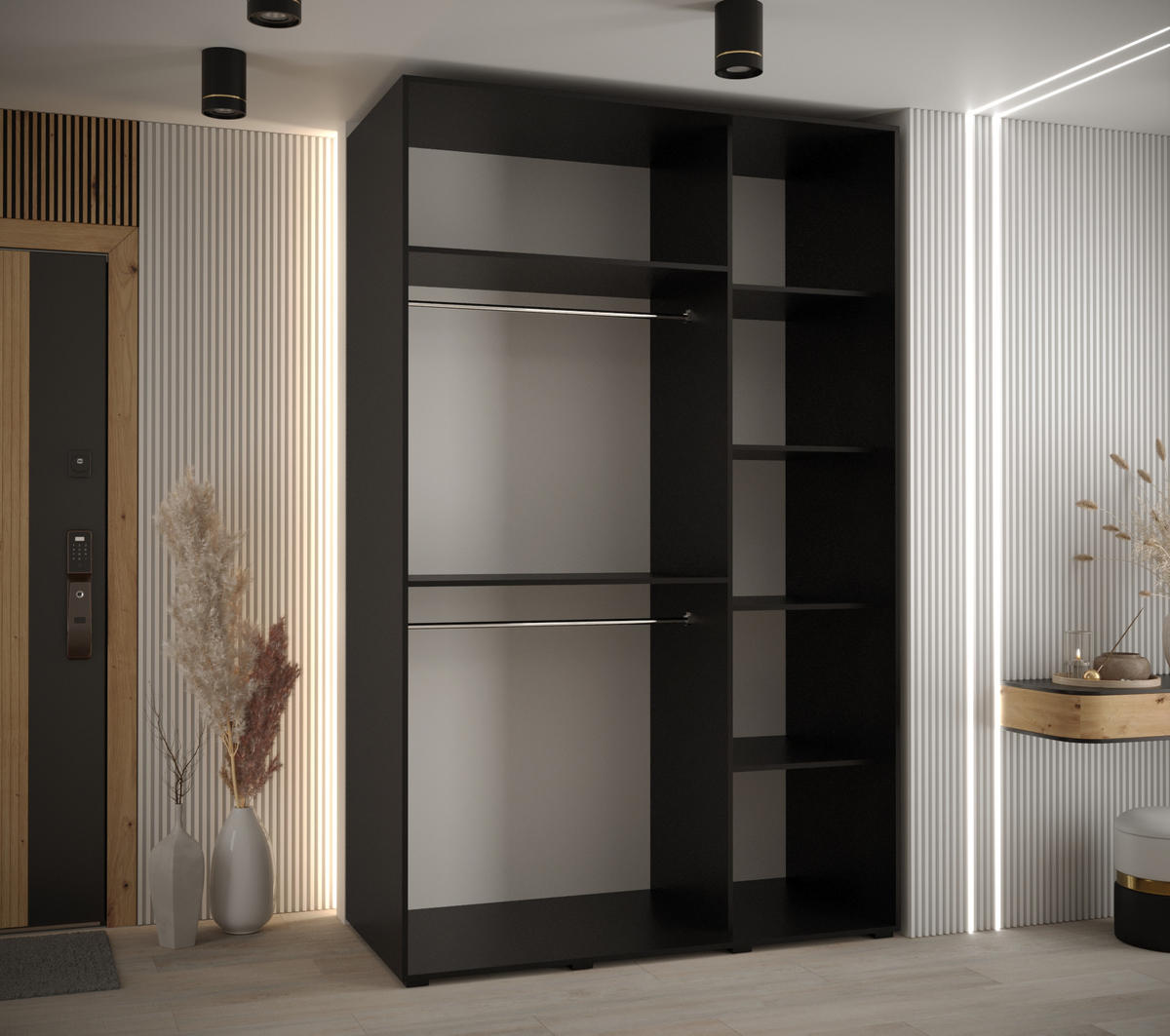 SCHWEBETÜRENSCHRANK 235,2/150/60 3-türig - Goldfarben/Schwarz, Holz/Metall (150/235/60cm) - Abiks Möbel