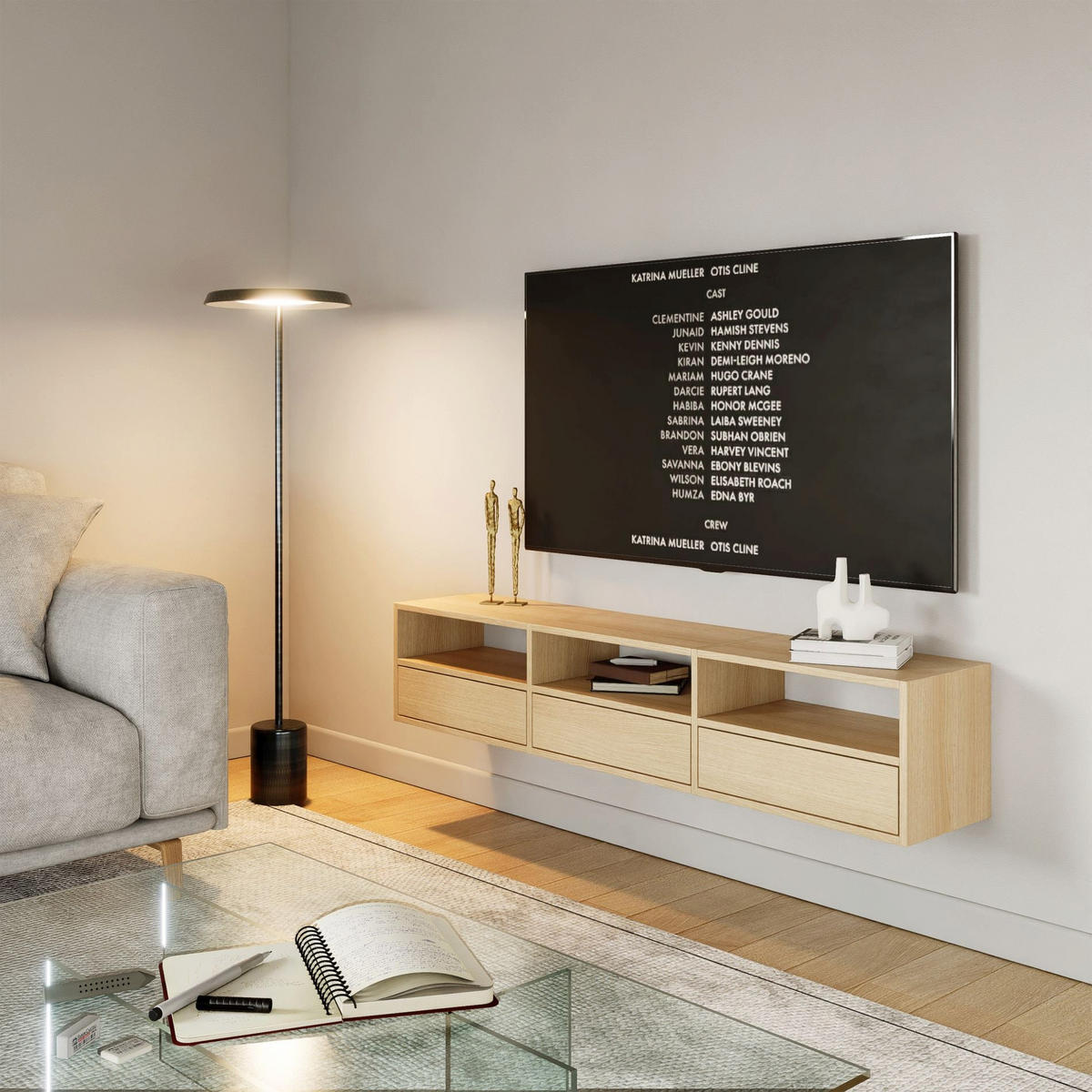 TV-LOWBOARD Framme hängend, 3 Klappen und Ablagen, Eiche, 150/30/30 cm - Beige, Holzwerkstoff (150.1/30/30cm) - Selsey