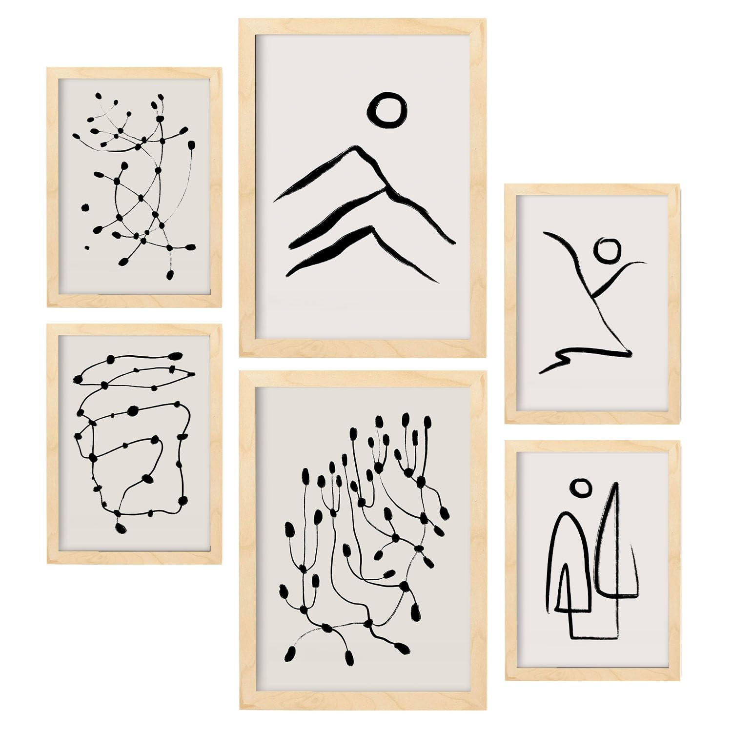 POSTER Set Mit 6 Linien Weicher In Liebhaber Abstrakt A3 & A4 Rahmen Aus Hellem Holz - Beige, Papier (29/3cm) - Nacnic