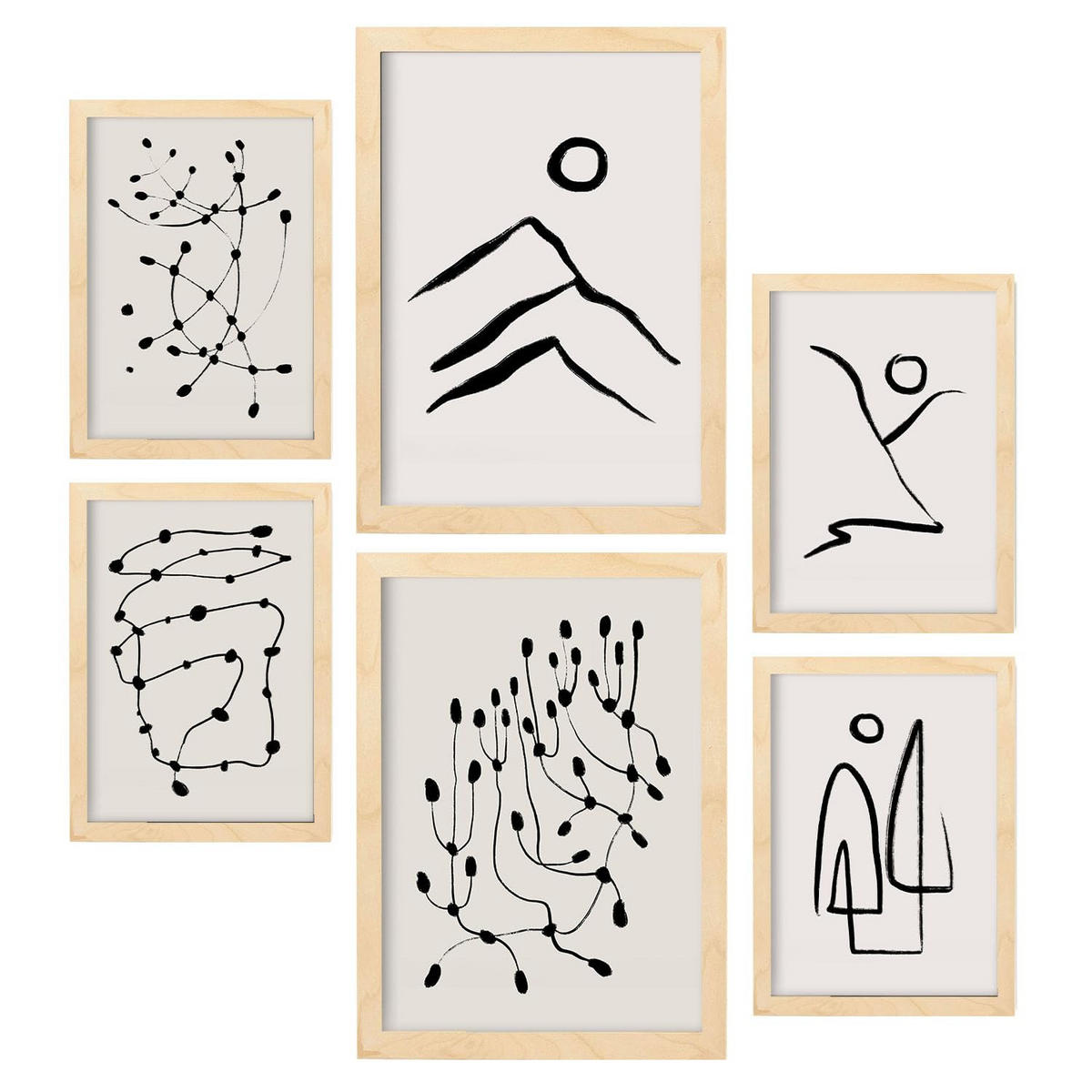 POSTER Set Mit 6 Linien Weicher In Liebhaber Abstrakt A3 & A4 Rahmen Aus Hellem Holz - Beige, Papier (29/3cm) - Nacnic