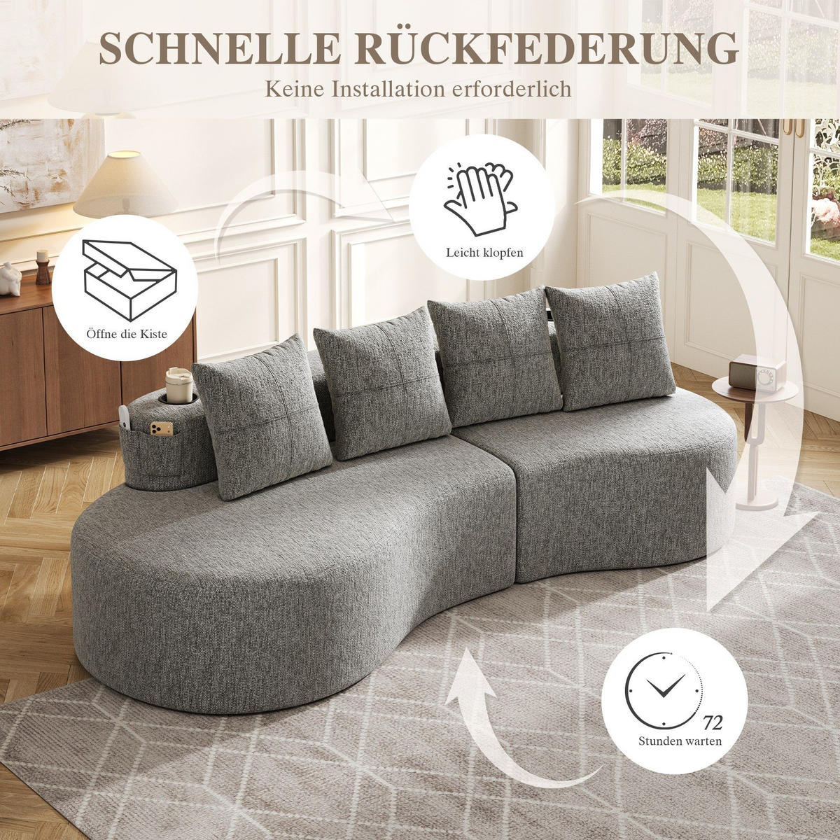 BIGSOFA Loungesofa,3er-Sofa,reich gepolstert,Leinenstoff,Hellgrau - Hellgrau, Textil (240/63/109cm) - LVHOM