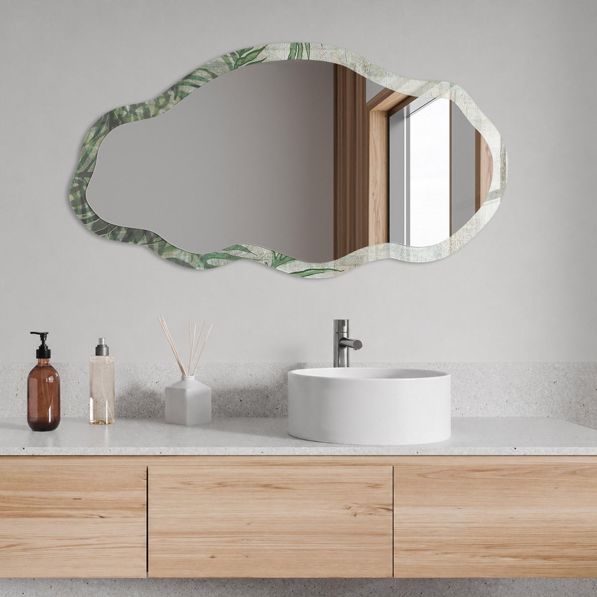 SPIEGEL 90x45 cm asymmetrisch mit Druck - Tropischer Farn - Transparent, Glas (45/90/0.4cm) - TULUP