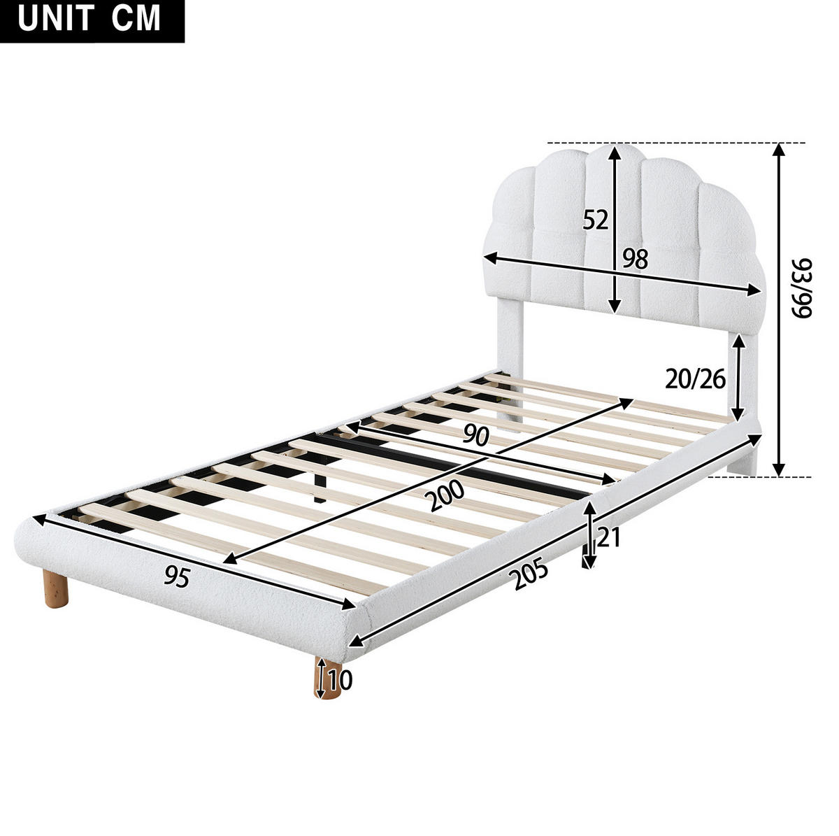POLSTERBETT 90/200 cm aus Bouclé und MDF mit höhenverstellbarem Kopfteil Weiß - Weiß, Textil (90/200cm) - Modenvie