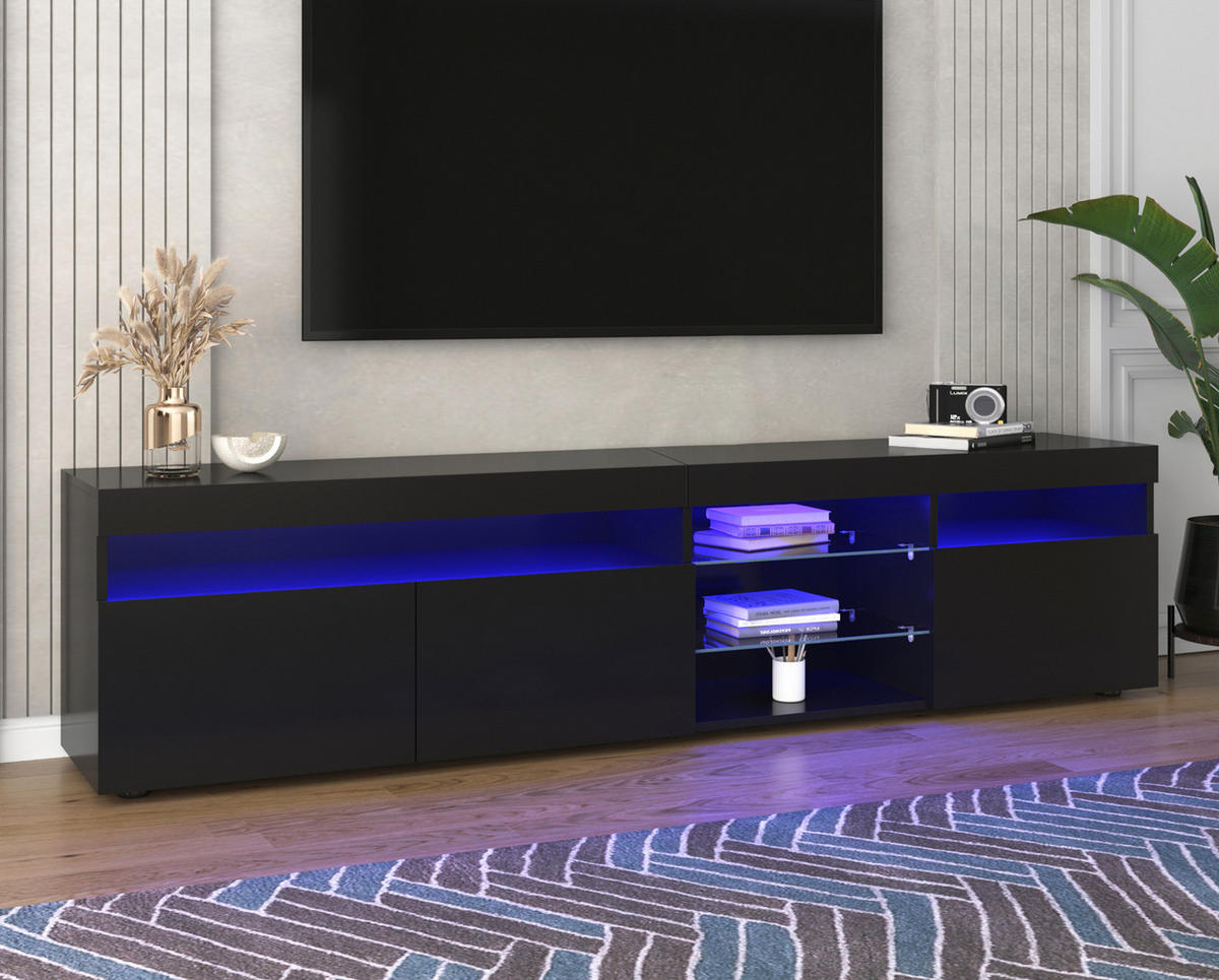 TV-LOWBOARD 180/35/48 cm mit 3 Türen und LED-Beleuchtung - Schwarz, Holzwerkstoff (180/48/35cm) - BEAOK