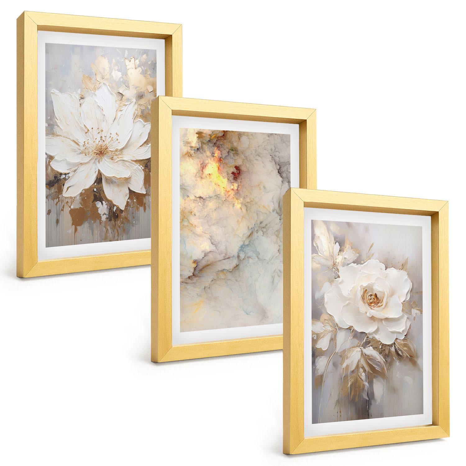 BILDER SET 3er Set - 20x30 cm Goldrahmen - Blumen heller abstrakter Hintergrund - Goldfarben, Kunststoff (20/30cm) - TULUP