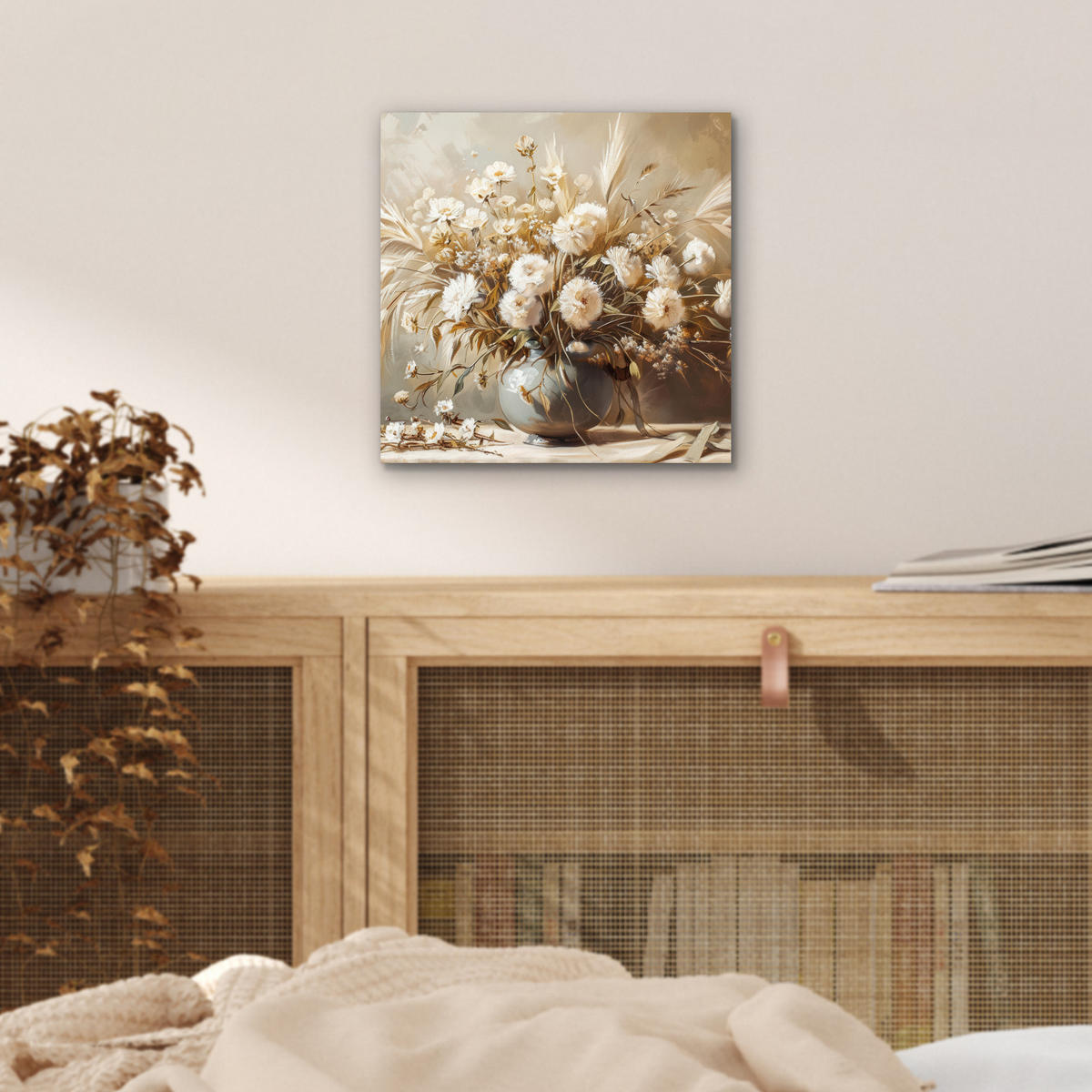 KOVOVÝ OBRAZ Kvety - Váza - Zátišie - Béžová 20x20 cm - krémová, kov (20/20cm) - MuchoWow