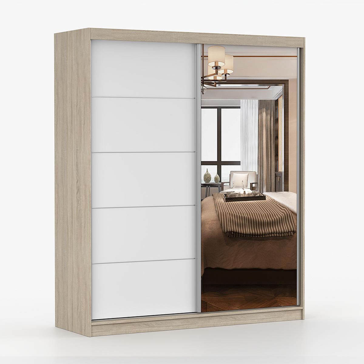 SCHWEBETÜRENSCHRANK 183/218/61 cm 2-türig Bella 03 Sonoma Eiche, Weiß - Alufarben/Weiß, Glas/Holzwerkstoff (183/218/61cm) - imoebel24
