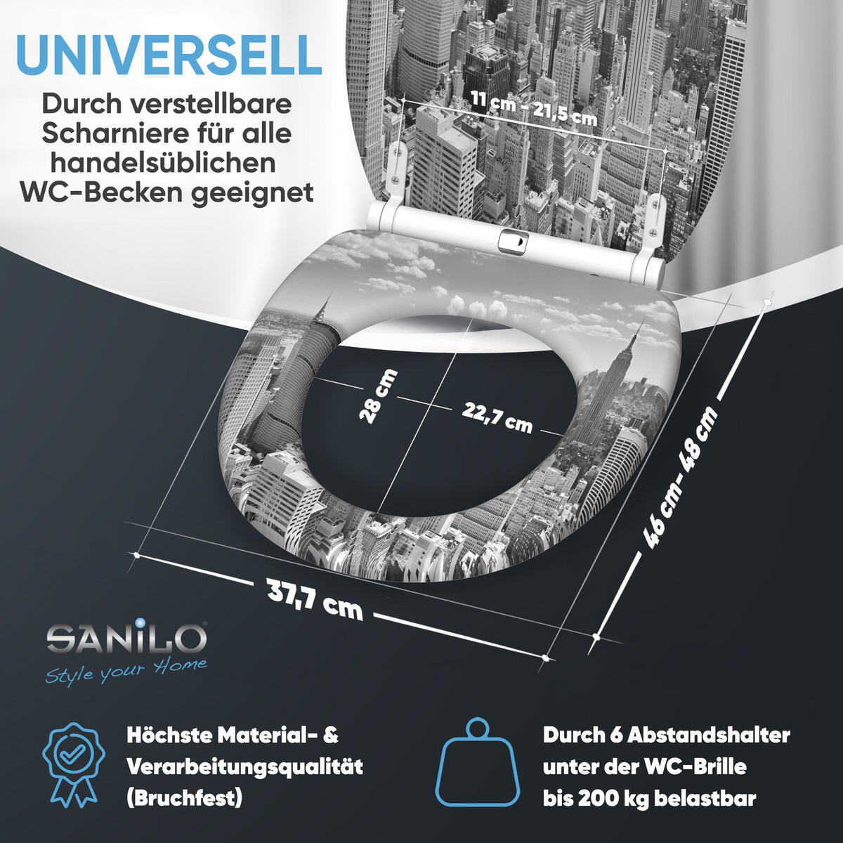 WC-SITZ mit Absenkautomatik & Top Fix Skyline New York - Grau, Holzwerkstoff (37.7/5.5/48cm) - Sanilo