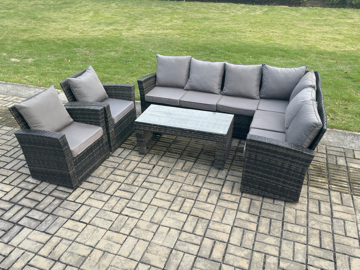 LOUNGEGARNITUR mit Couchtisch Sofa Polyrattan Dunkelgrau 8-Sitzer - Dunkelgrau/Grau, Glas/Kunststoff - Fimous