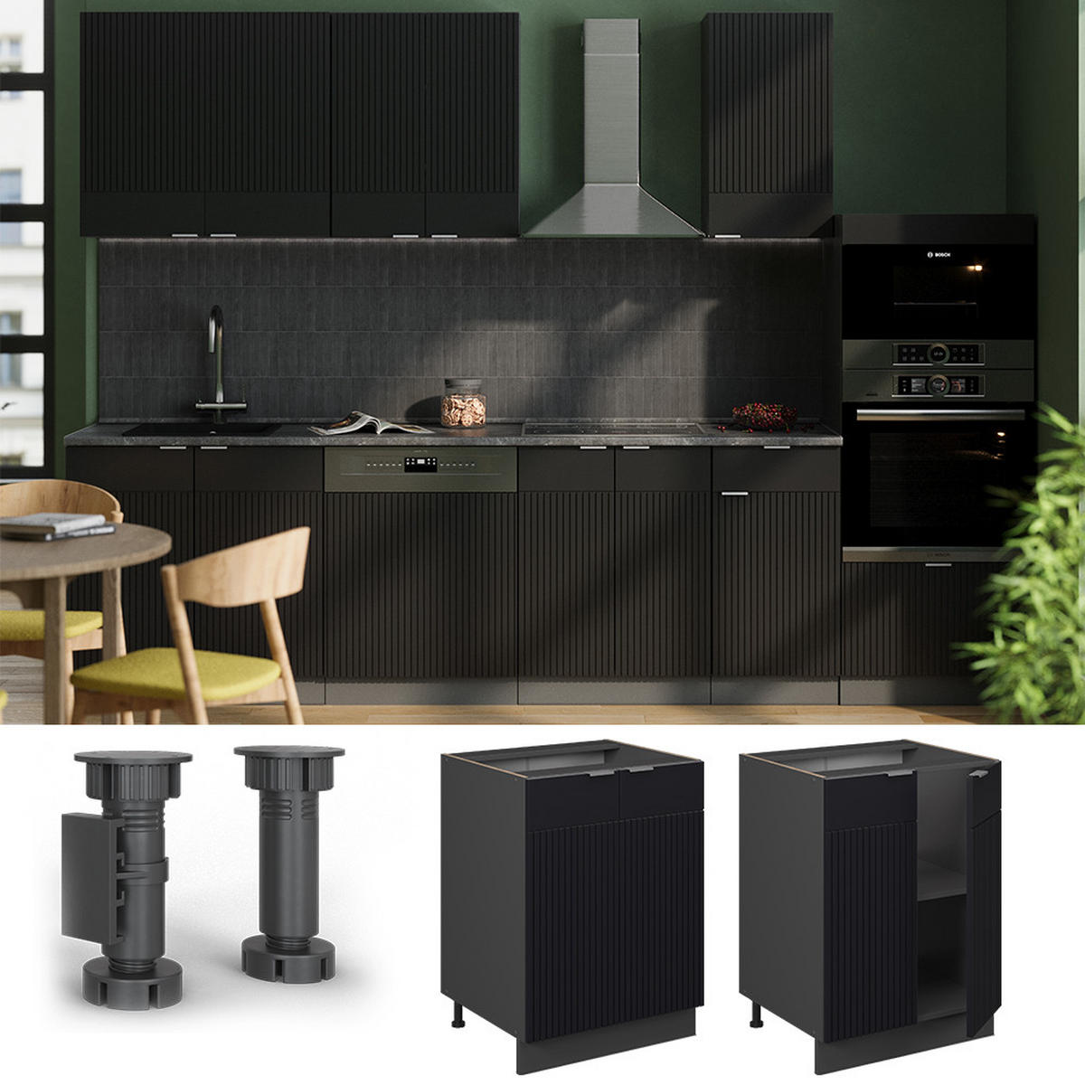 KÜCHENSCHRÄNKE Fame-Line, Schwarz gestreift, 60 cm ohne Arbeitsplatte - Anthrazit/Schwarz, Holzwerkstoff (60/82/51.6cm) - Vicco