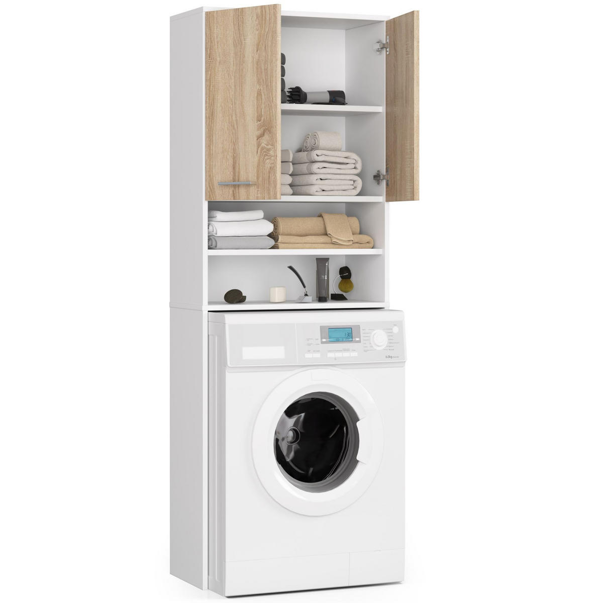 WASCHMASCHINENSCHRANK Weiß, Sonoma Eiche 64x30x180 cm - Silberfarben/Weiß, Holzwerkstoff/Kunststoff (64/180/30cm) - Akord