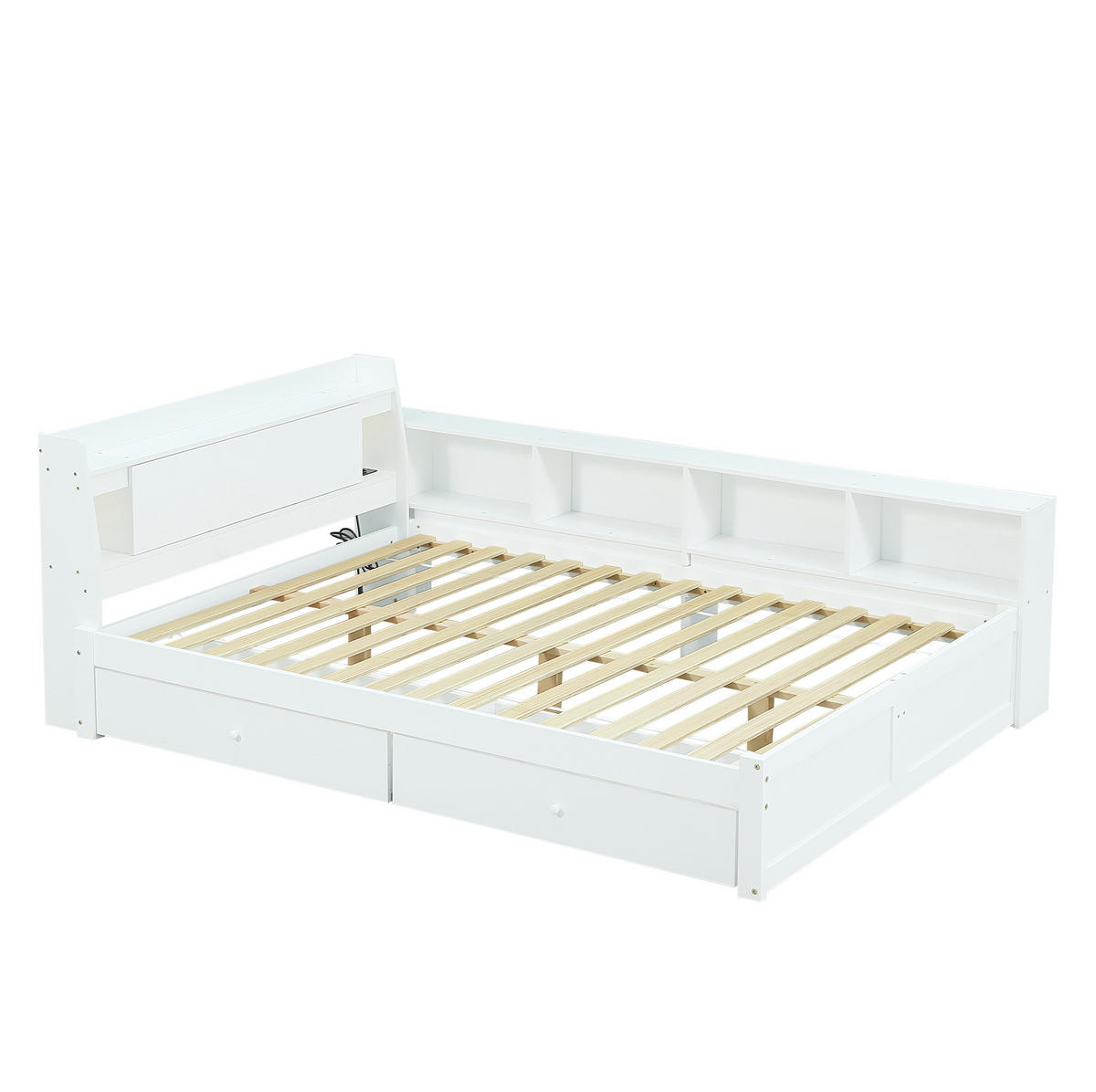 BETT aus Kiefer und MDF 140x200 cm Weiß mit Ladebuchse, 2 Leuchten, Kopfteilablage und Stauraum - Weiß, Holzwerkstoff (90/200cm) - Modfu