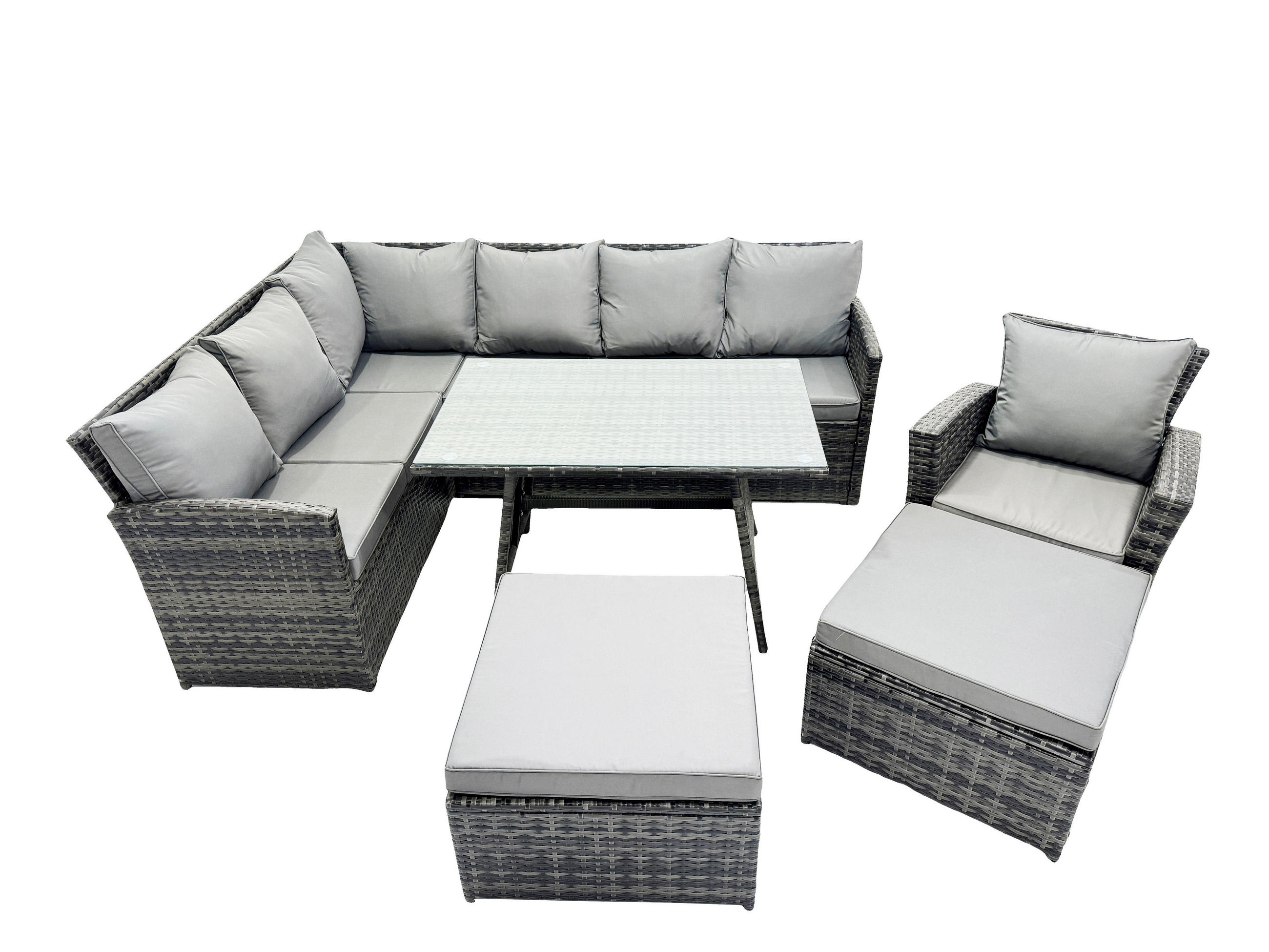 SITZGRUPPE mit Ecksofa,große Fußhocker,Stuhl Polyrattan Dunkelgrau 9-Sitzer - Dunkelgrau/Grau, Glas/Kunststoff - Fimous