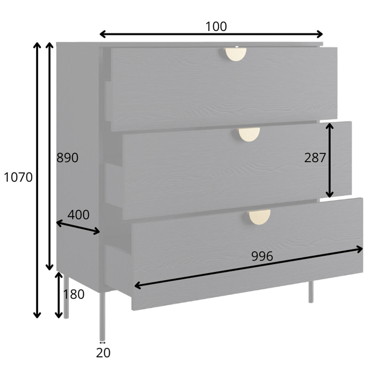 SCHUBKASTENKOMMODE VIDIS, Halbrundgriffe - Schwarz, Holzwerkstoff (100/107/40cm) - KONSIMO®