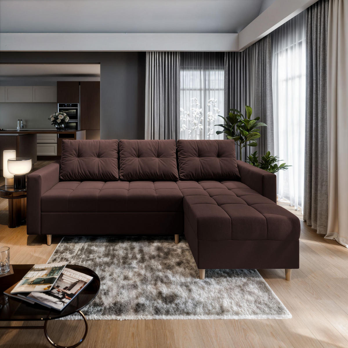 ECKSOFA MILO L Braun Plüsch-Stoff mit Schlaffunktion - Braun, Holz (220/140cm) - MASSENO