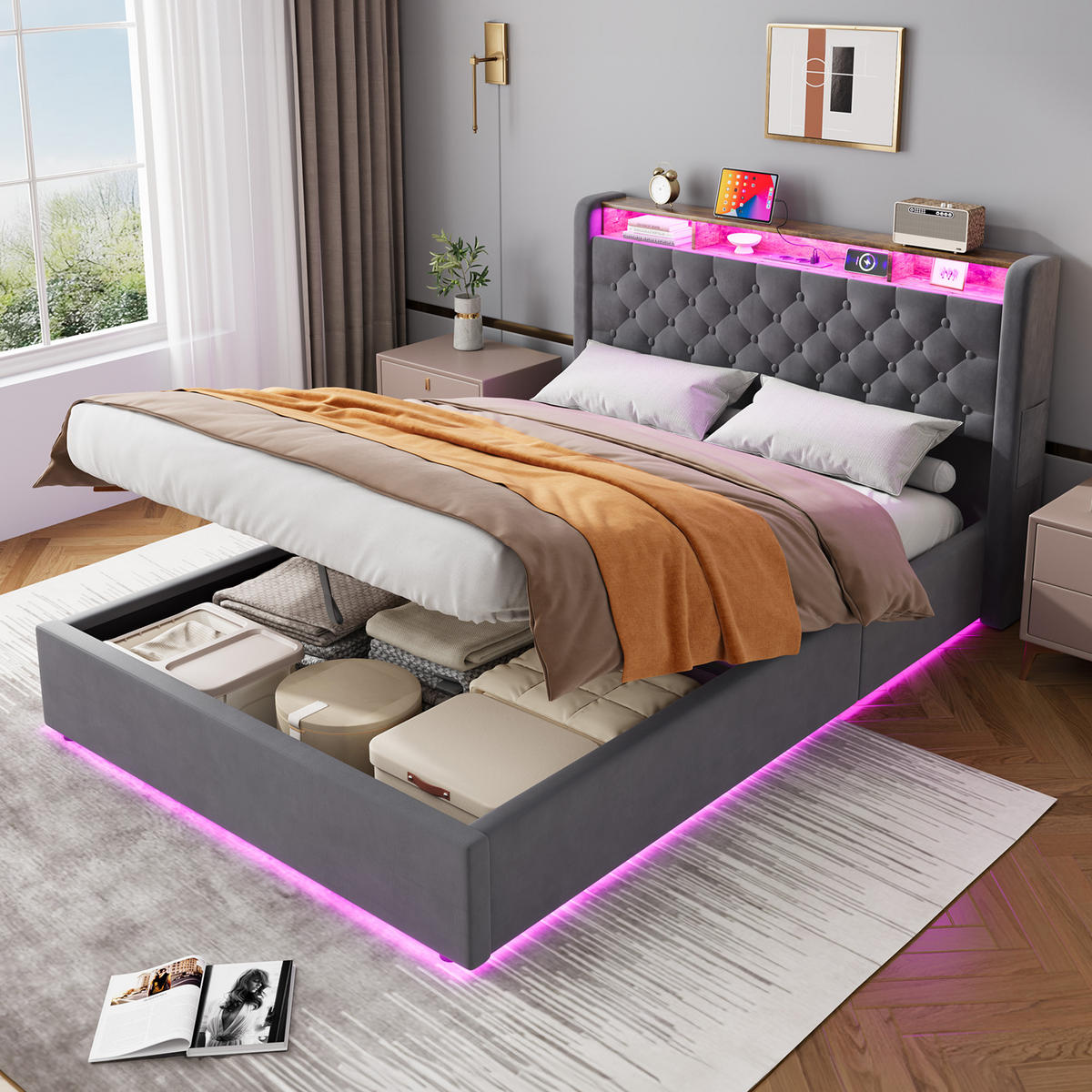 POLSTERBETT 140/190 cm mit hydraulischem Bettkasten, Schubladen, Klappbares Kopfteil, LED-Beleuchtung, Grau - Grau, Textil (140/190cm) - Redom